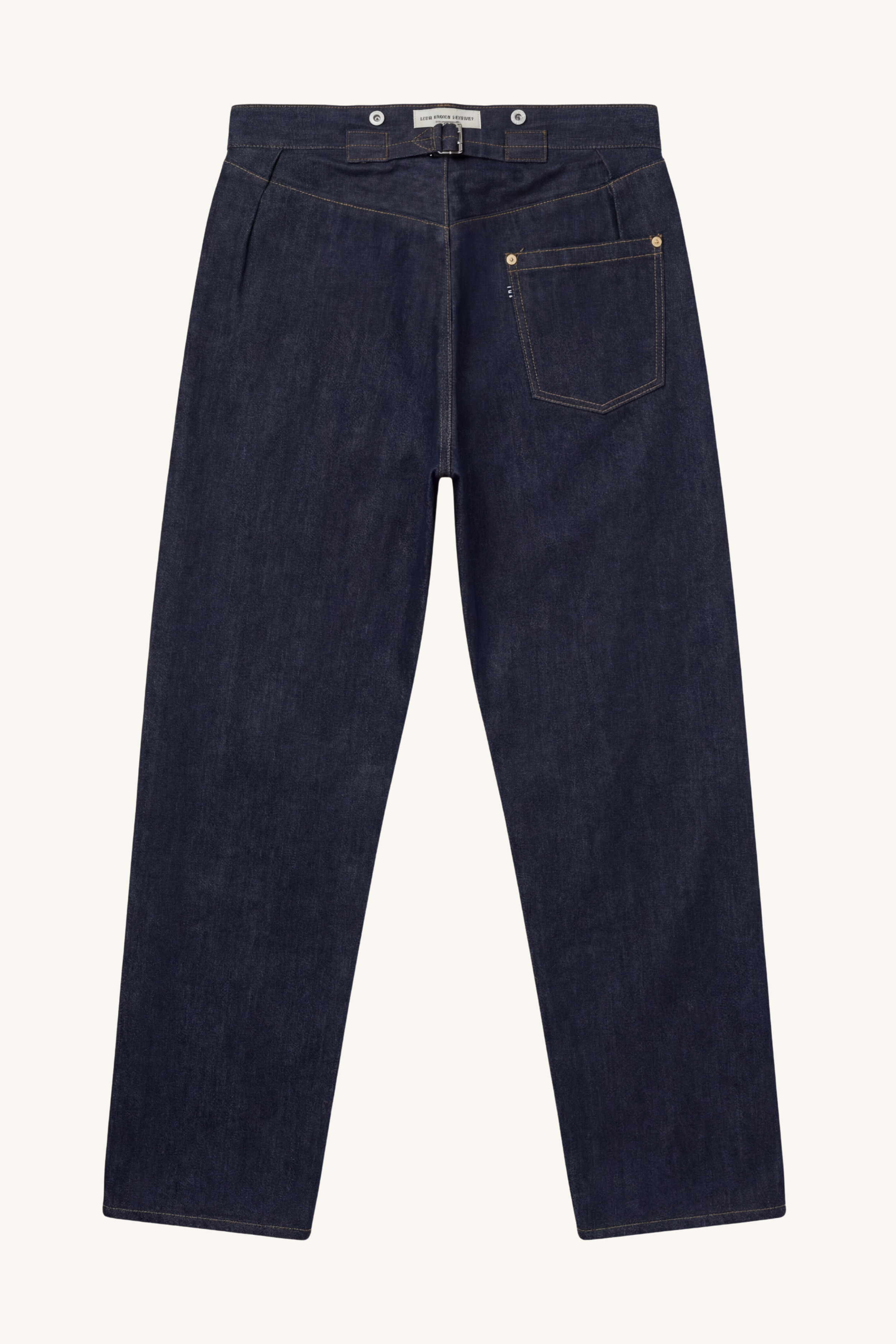 Back view of [ko'lon] Type 0 Indigo Jeans highlighting classic five‑pocket workwear construction