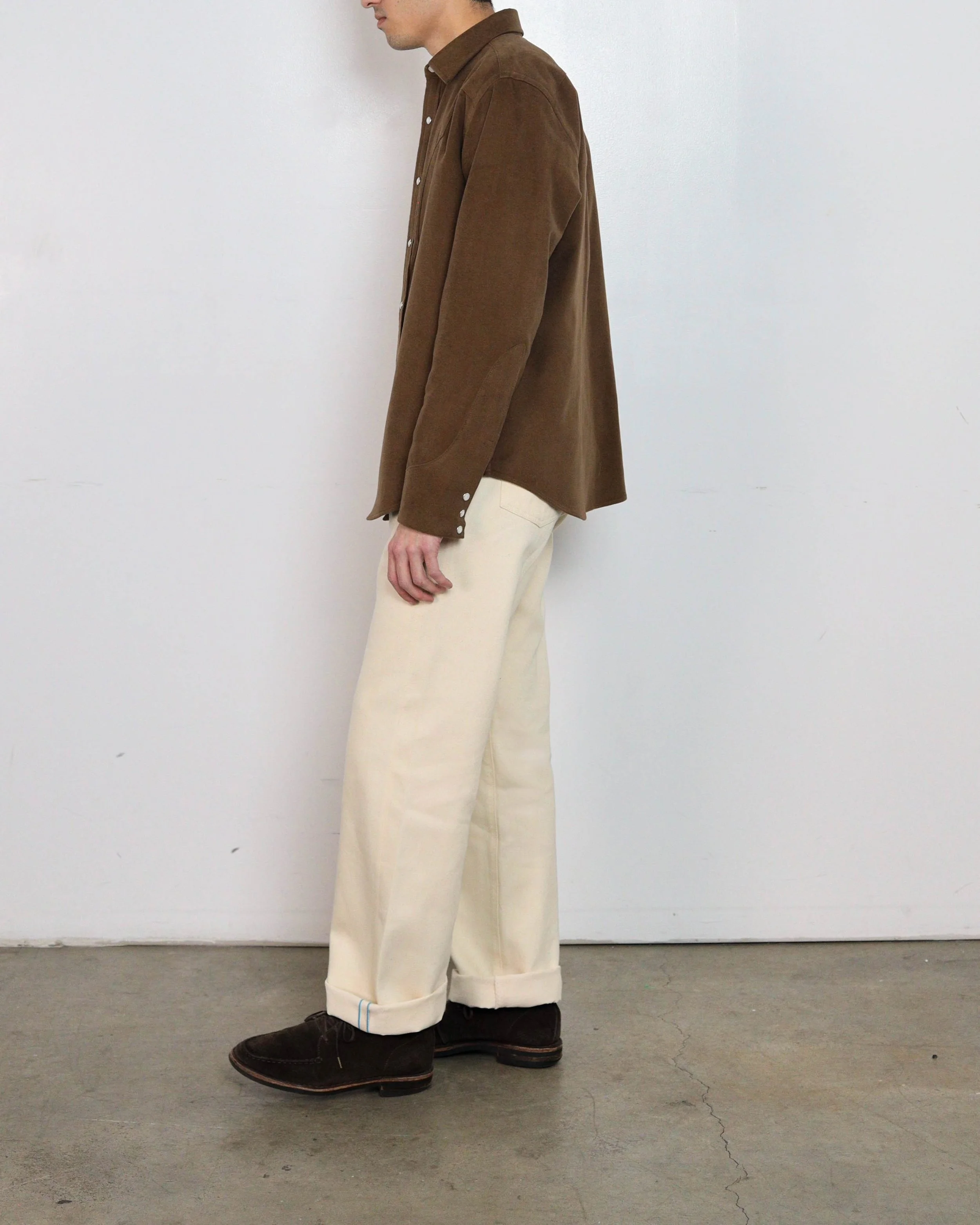 Side profile of the Moleskin Western Shirt showing standard length and straight side seam.