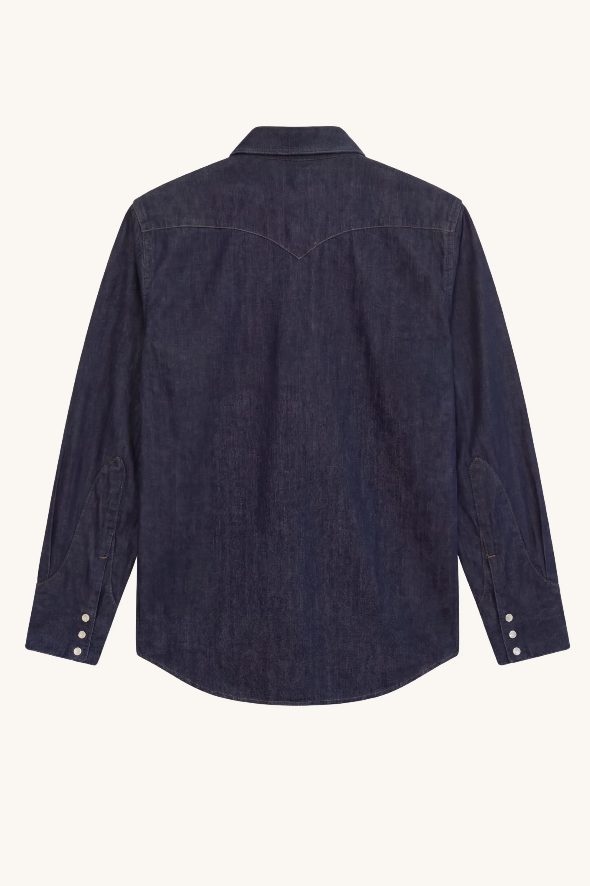 Back view of [ko'lon] Bronco Western Denim Shirt highlighting western back yoke and clean panel construction