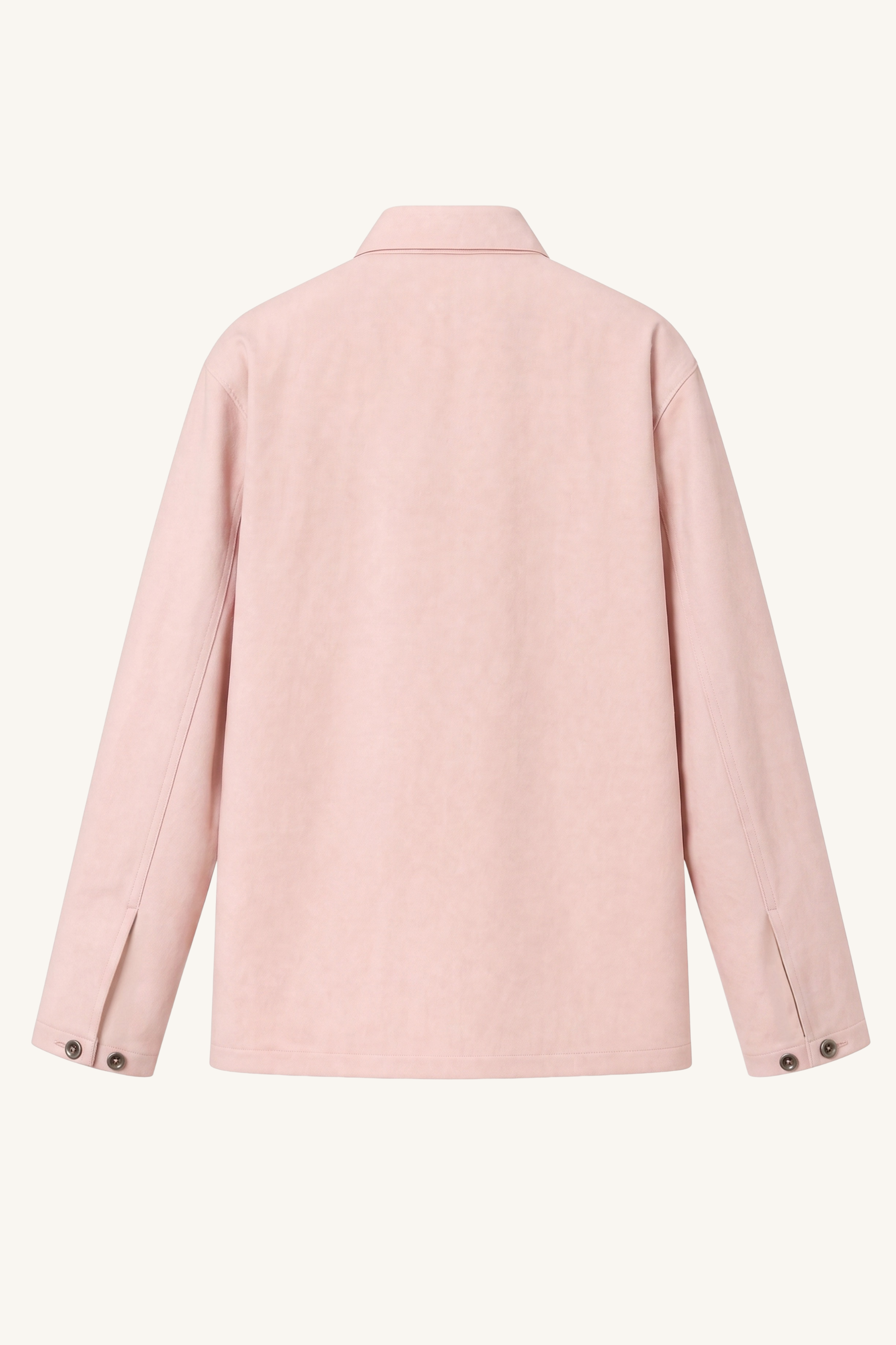 Flat lay back view of the pink Rose Cotton Denim Pullover Shirt highlighting the relaxed silhouette, clean construction, and lightweight rose pink cotton denim fabric.