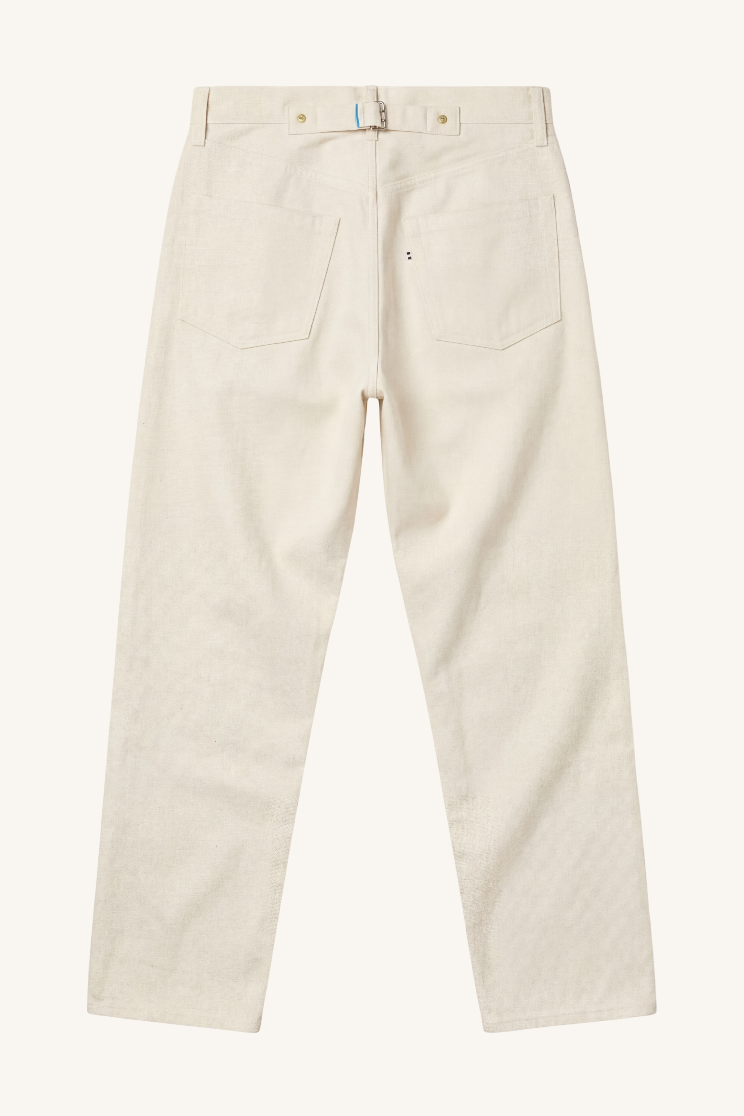 Back view of [ko'lon] selvedge denim jeans in ecru color, front view showing high‑waist fit, five‑pocket construction