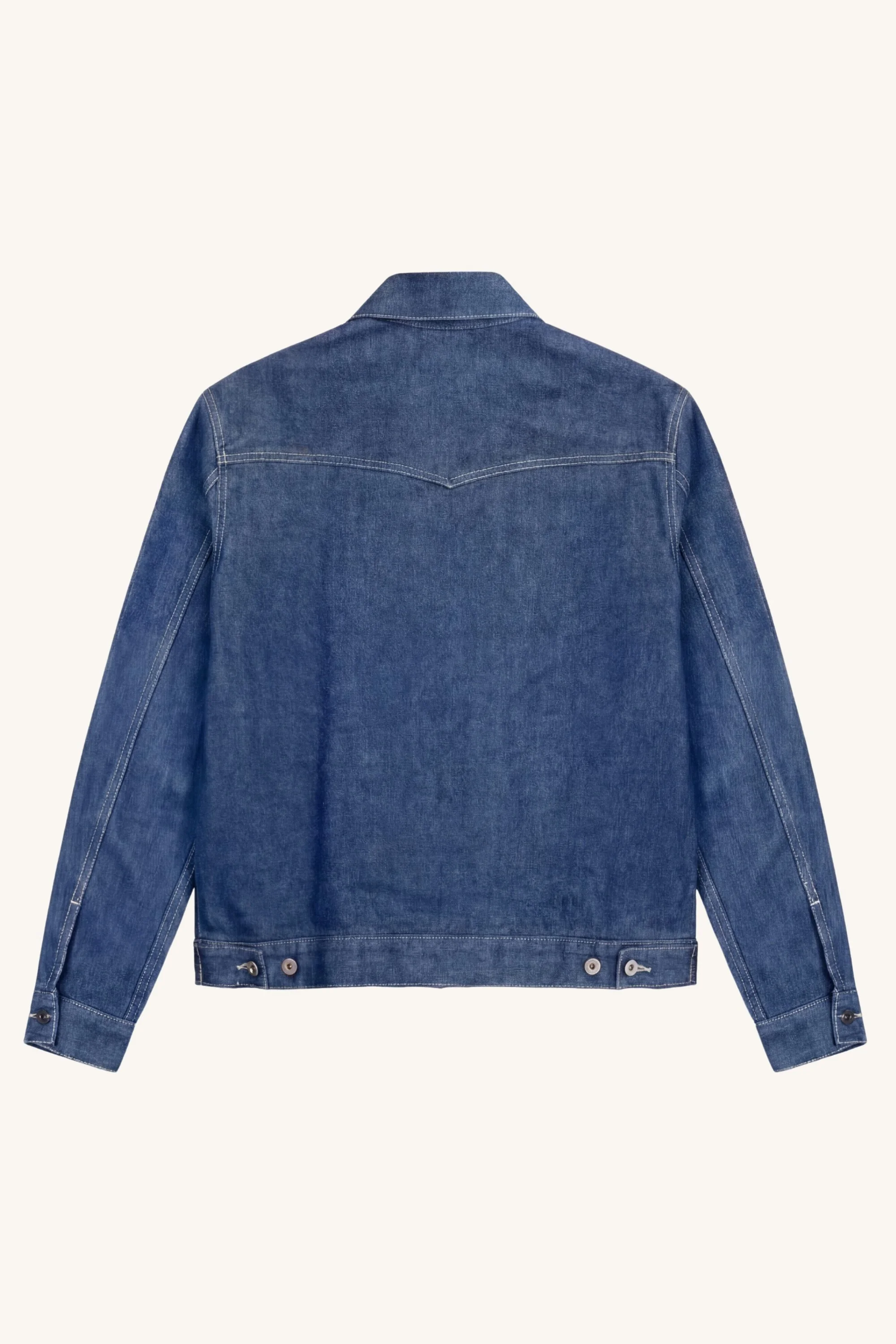 Back view of selvedge denim western jacket with western yoke and side adjusters