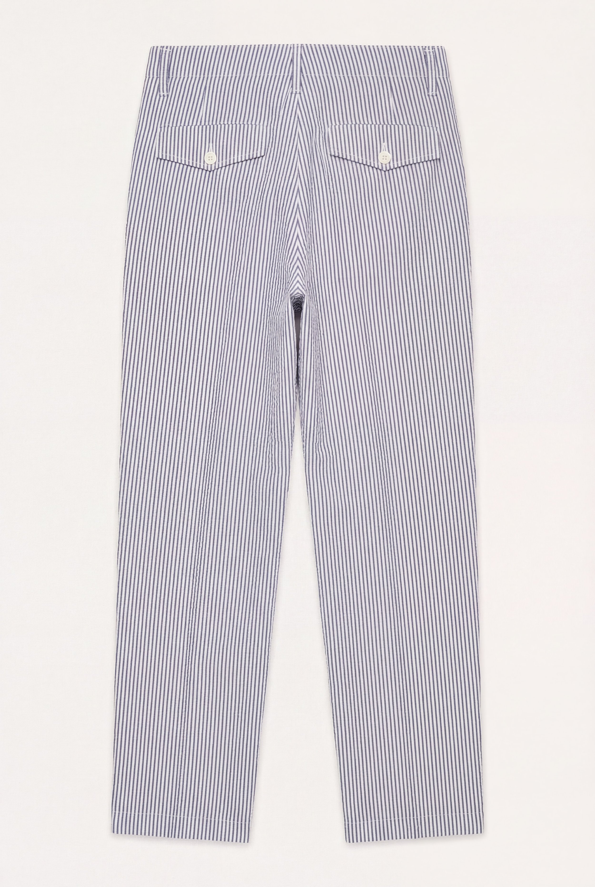 flat lay Back view of ko'lon Type Military Chino highlighting striped seersucker fabric and clean rear pocket construction