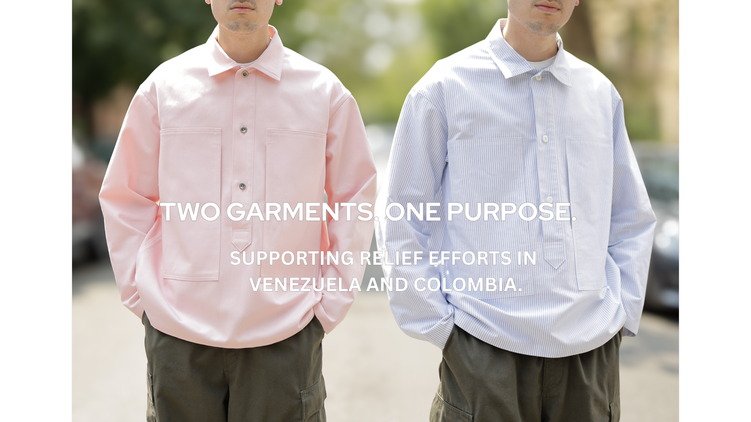 Rose Cotton Denim Pullover Shirt and Ocean Blue Cotton Oxford Pullover Shirt worn together in a charitable campaign supporting relief efforts in Venezuela and Colombia.