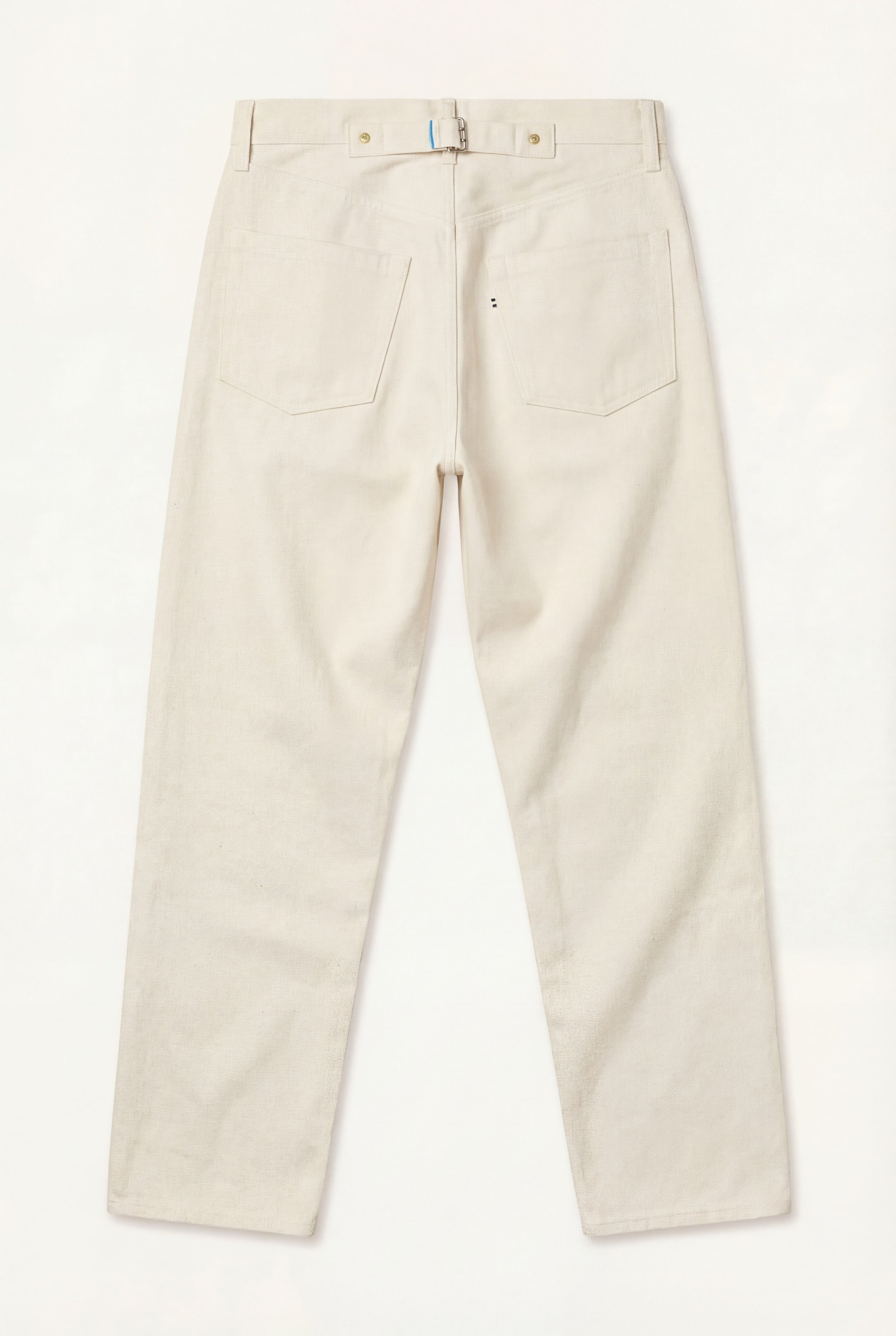 Back view of [ko'lon] selvedge denim jeans in ecru color, front view showing high‑waist fit, five‑pocket construction