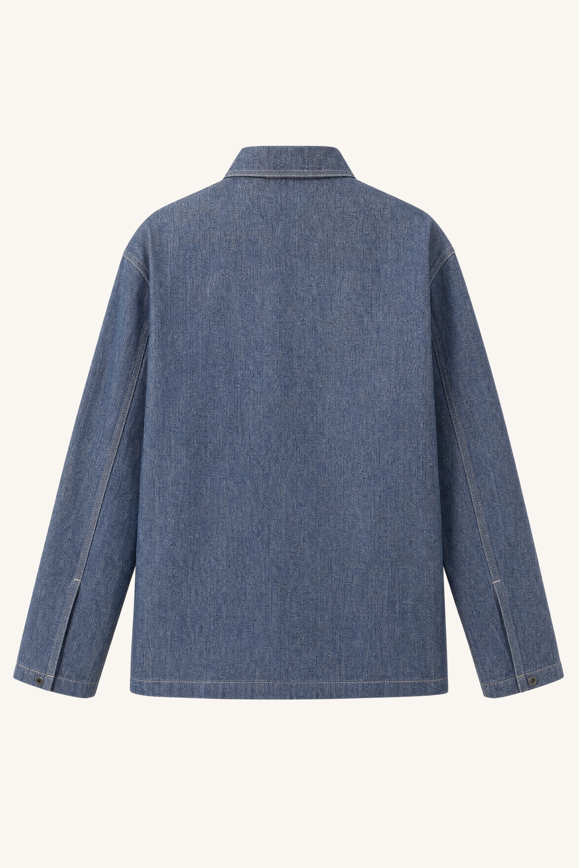 Back view of cotton chambray pullover shirt with straight hem and long sleeves
