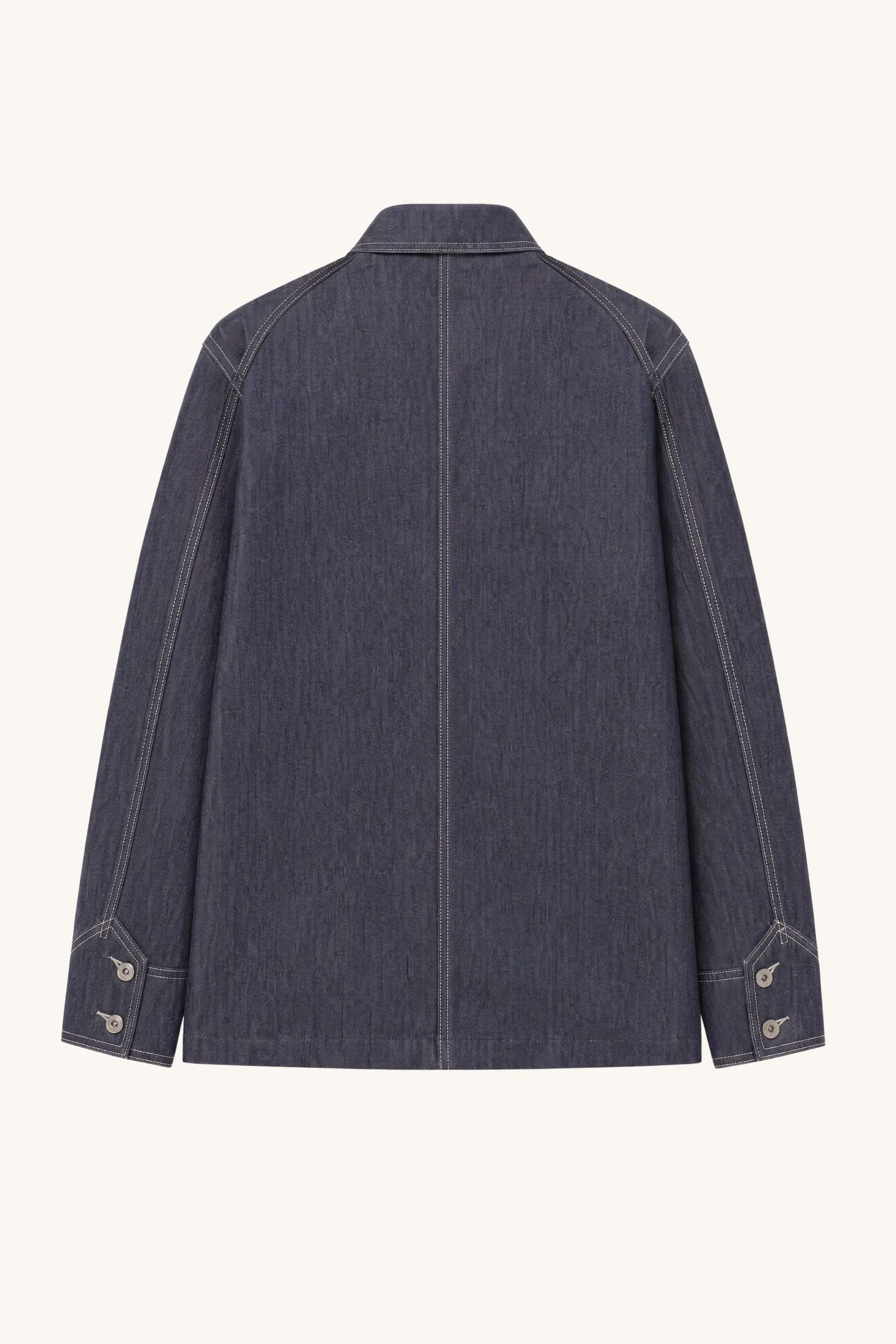 Back view of selvedge denim coverall jacket with straight hem and long sleeves