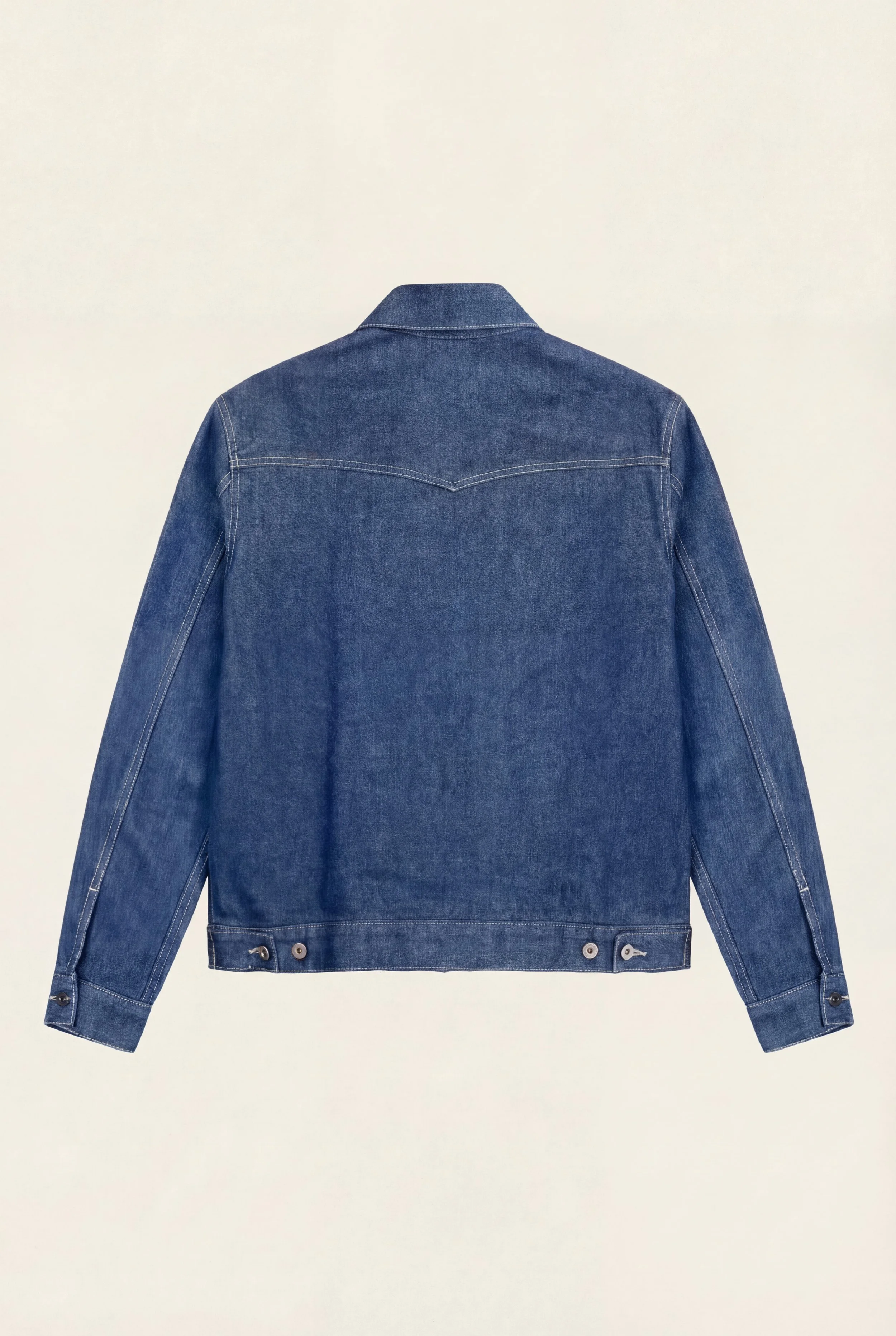 Back view of [ko'lon] Houston western selvedge denim jacket featuring clean western back design, boxy vintage silhouette, and durable denim construction