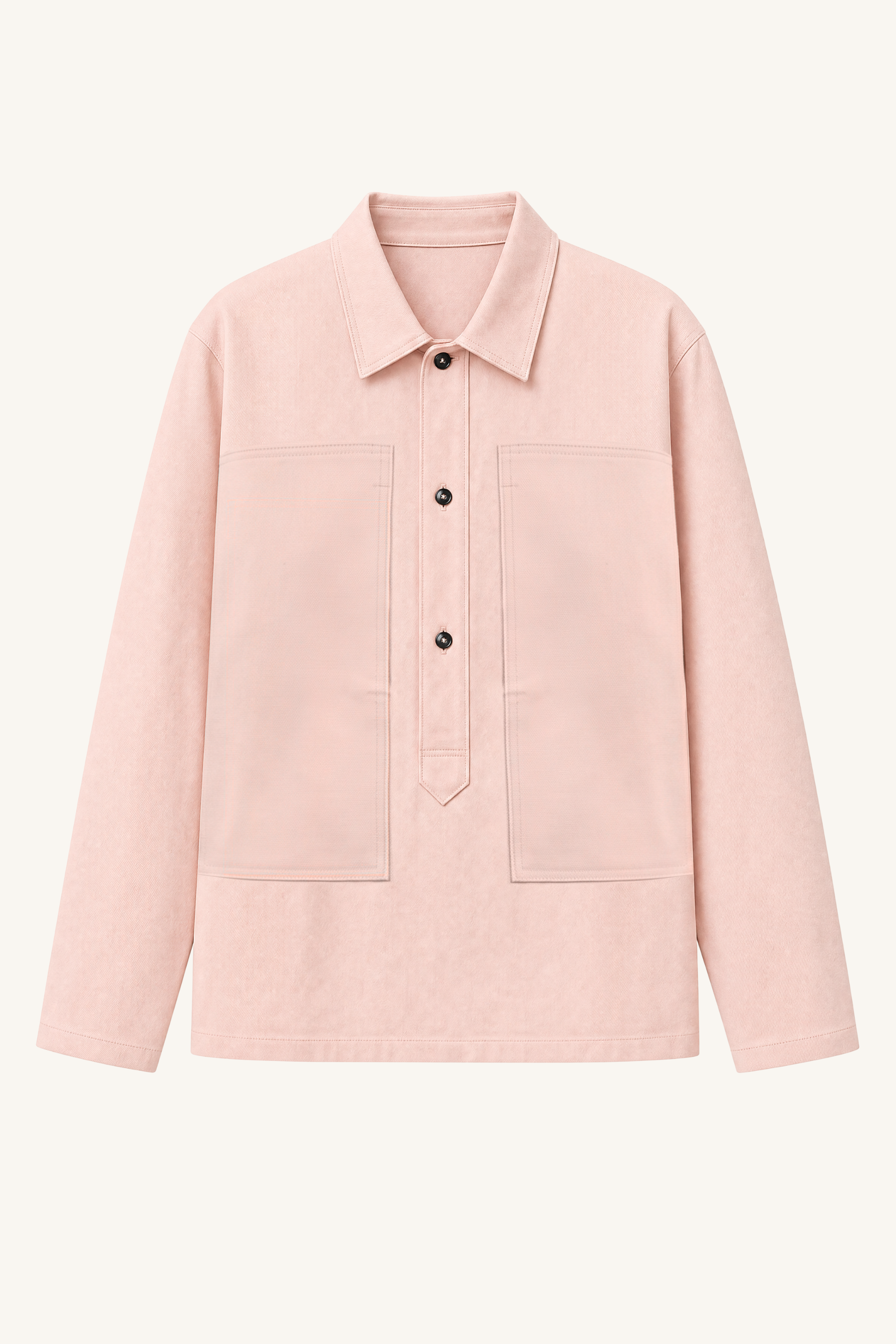 Flat lay of the pink Rose Cotton Denim Pullover Shirt showcasing oversized utility pockets, structured collar, and soft rose pink cotton denim fabric.
