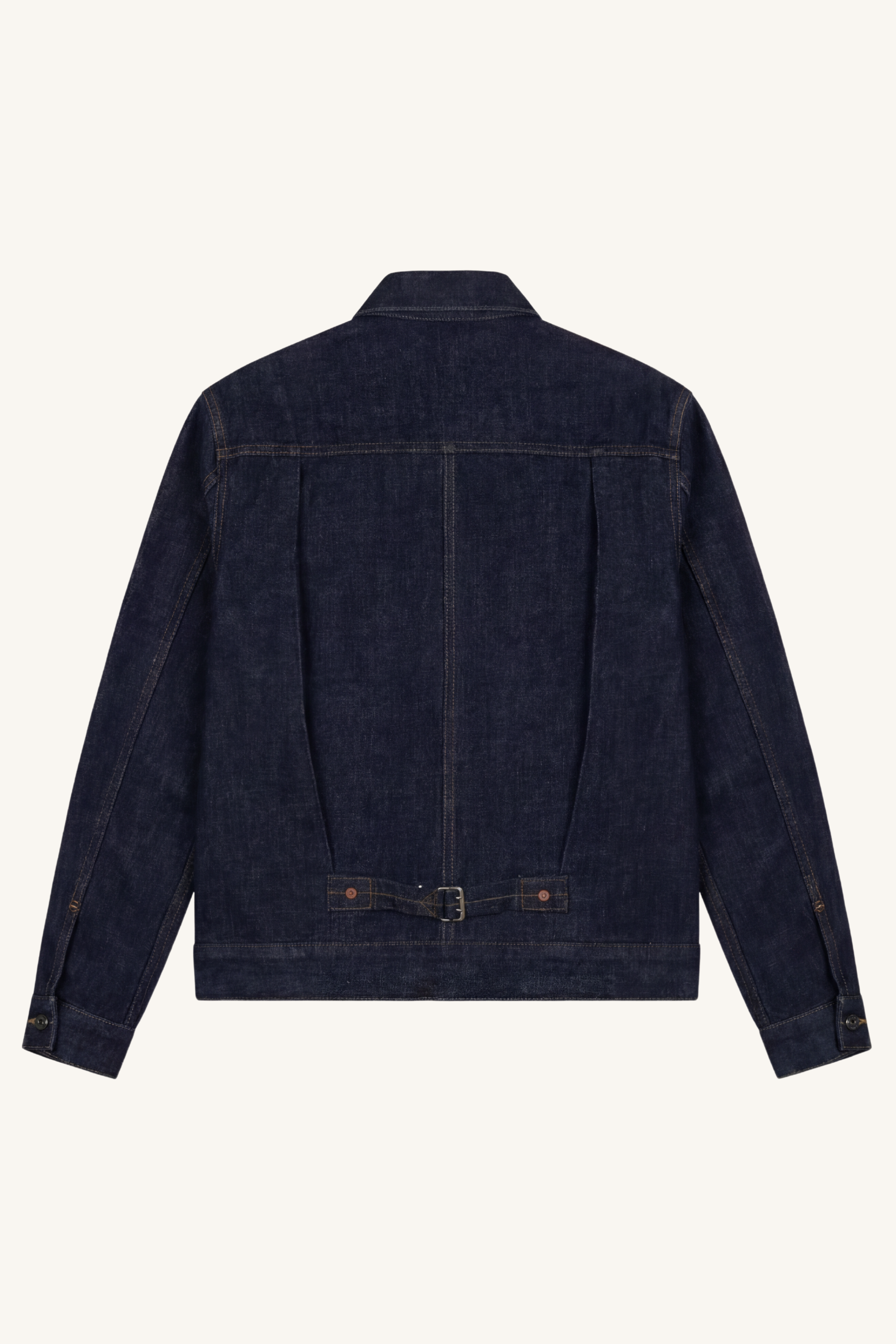 Back view of [ko'lon] Type 1 Selvedge Denim Jacket highlighting cinch‑back detail and clean panel construction