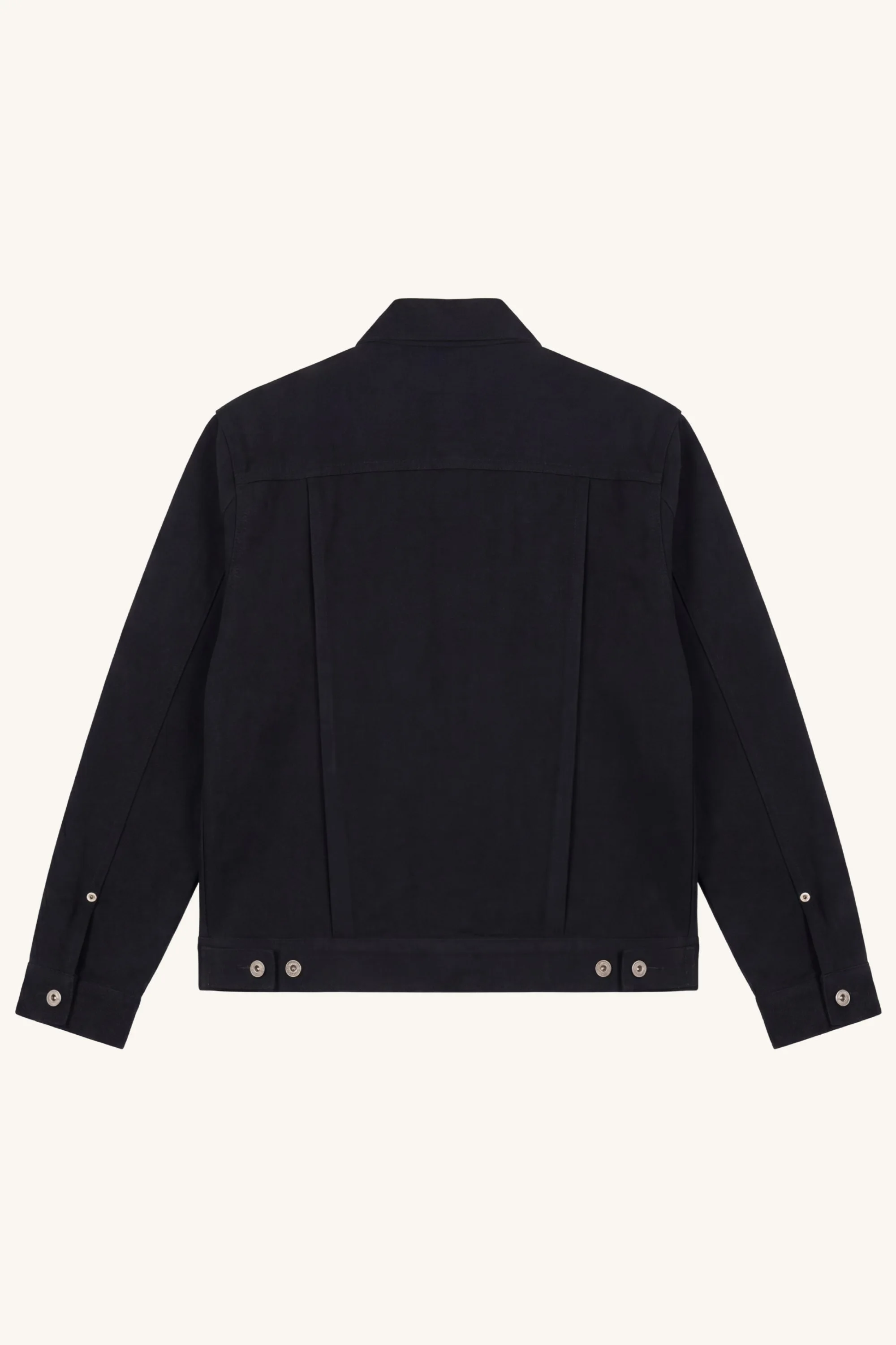Back view of cotton moleskin work jacket with inverted back pleats