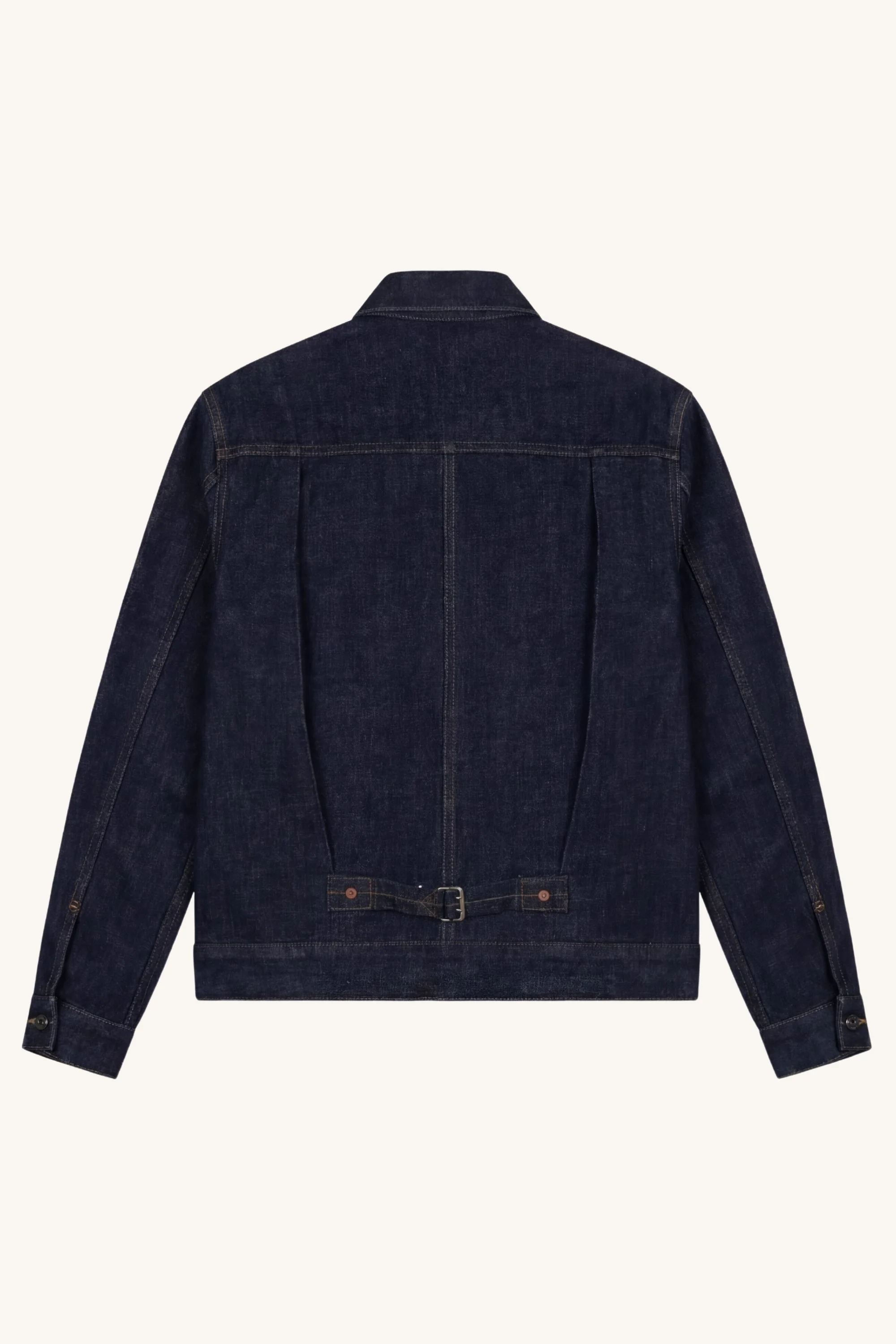 Back view of selvedge denim work jacket with pleated t-back and cinch buckle