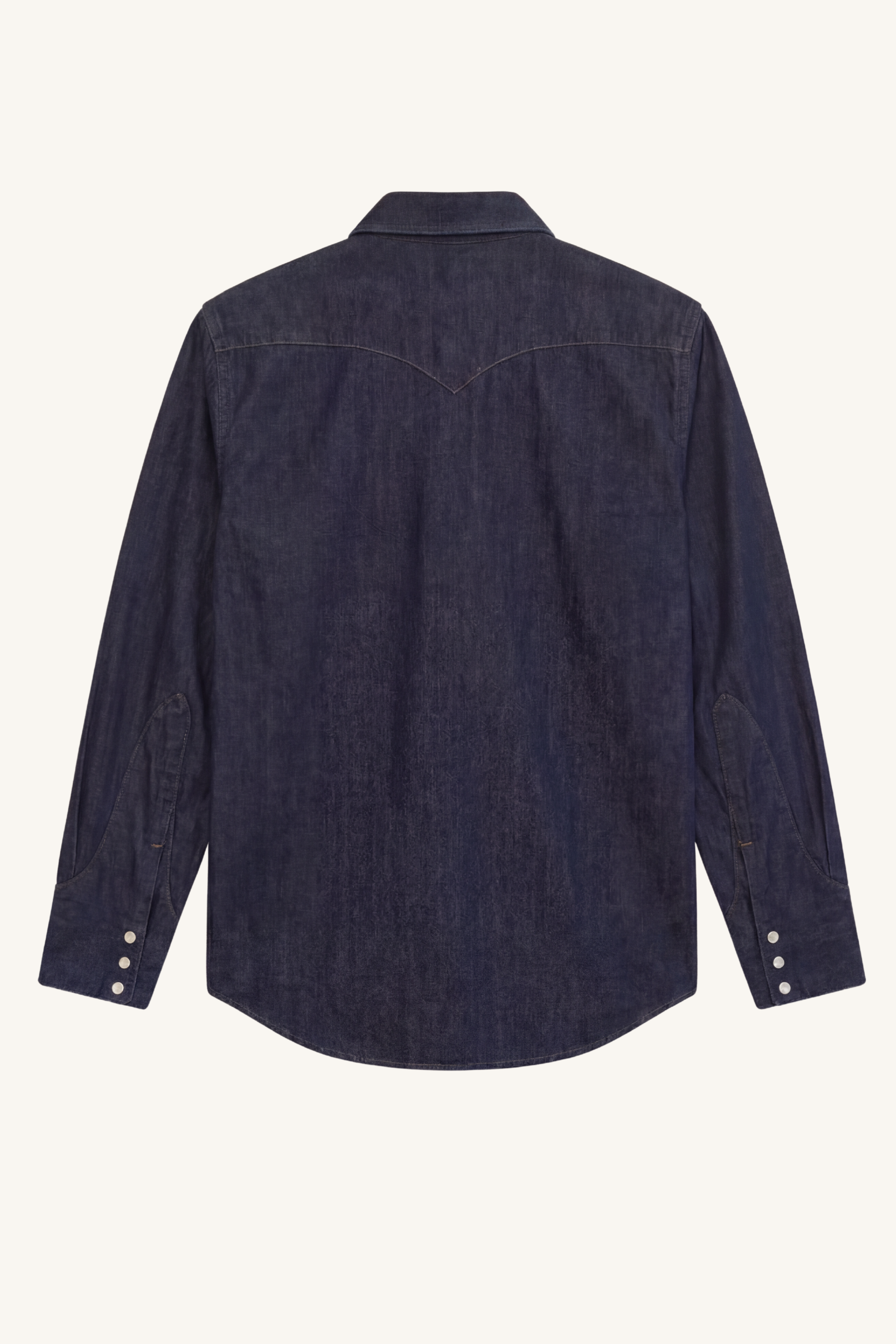 Back view of [ko'lon] Bronco Western Denim Shirt highlighting western back yoke and clean panel construction