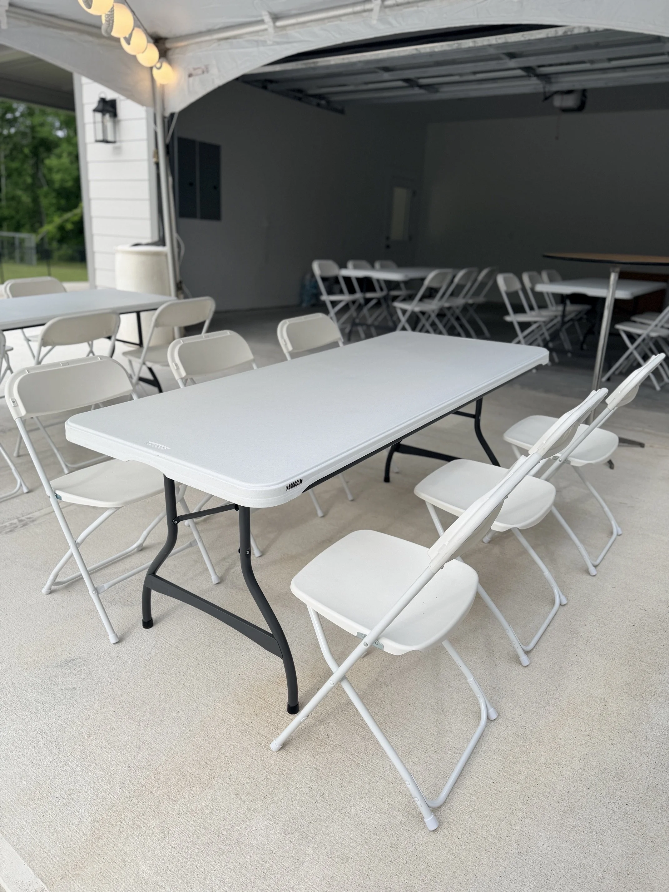 6ft Tables and White Folding Chairs
