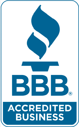BBB Accredited Business logo with blue flame and text.