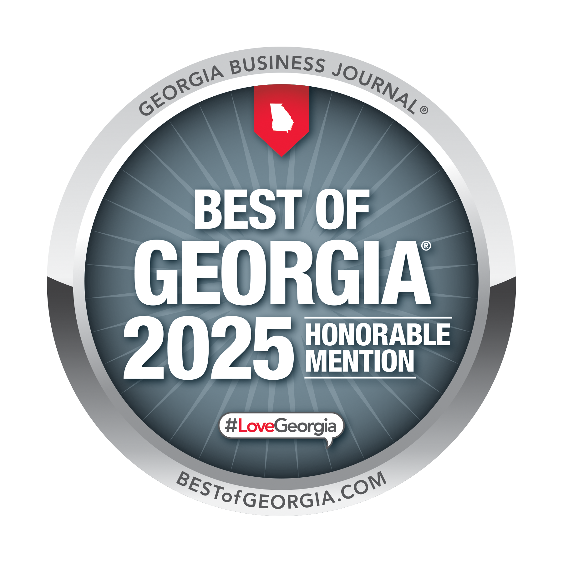 A circular badge with a gray and blue design recognizes Georgia's 2025 honorable mention by Georgia Business Journal, with hashtags and website links included.