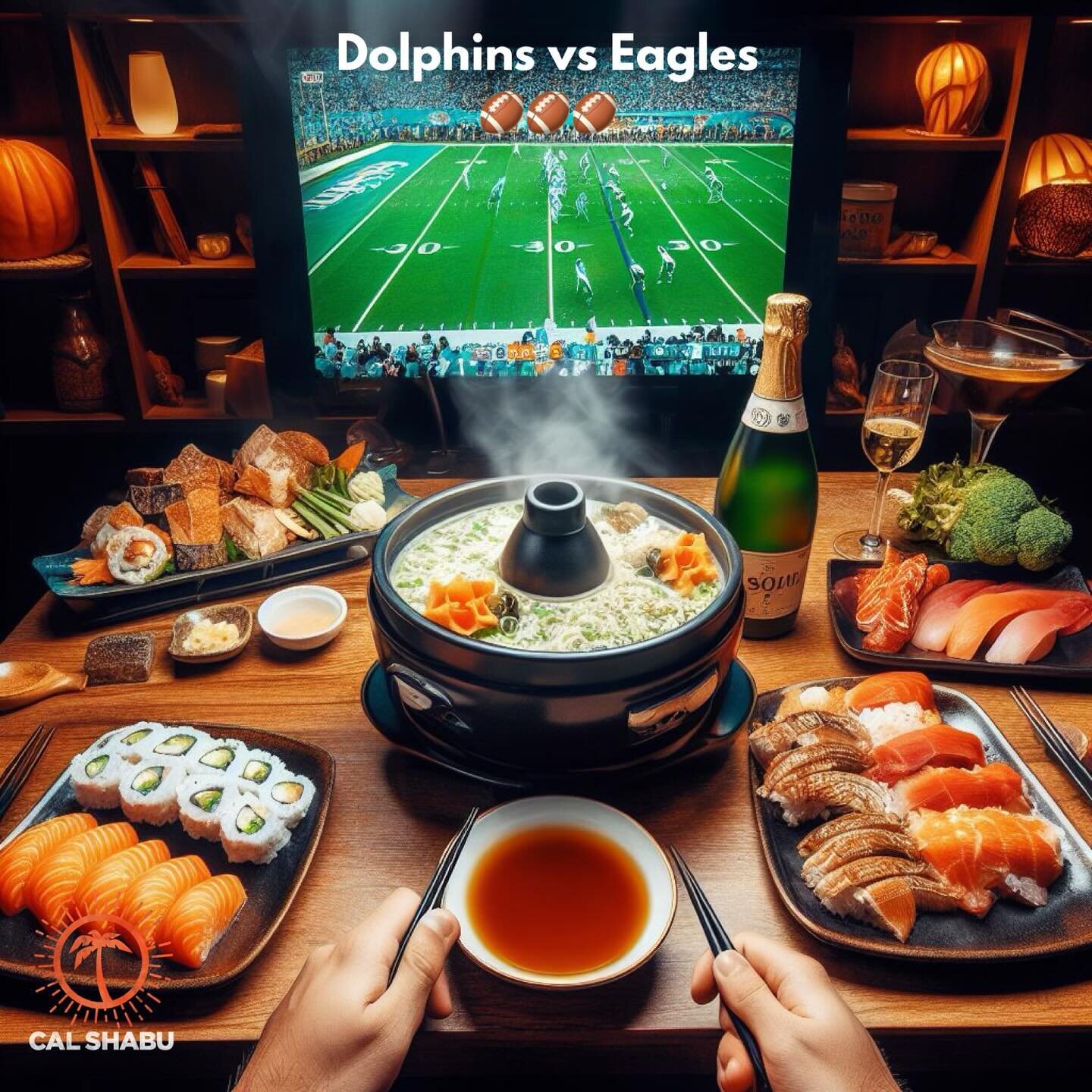 Game night done right! 🏈✨ Pair each play with our delicious sushi, soul-warming shabu shabu, and signature sake. Dolphins vs. Eagles &ndash; where are you watching? 🥢🍶 #TouchdownTaste #NFLAtCalShabu