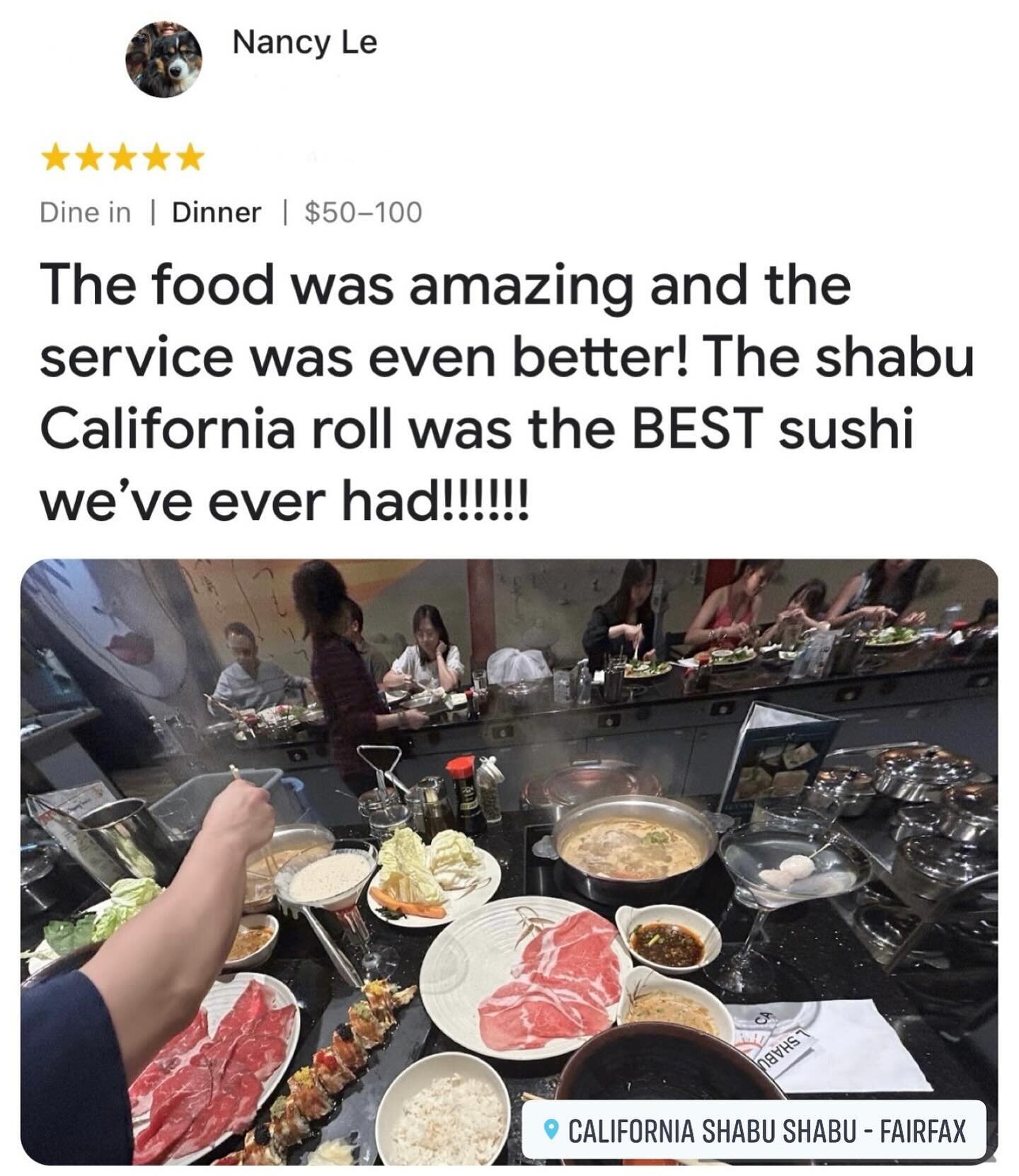 We're thrilled to share Nancy Le's glowing 5-star Google review! ⭐️⭐️⭐️⭐️⭐️
Make your Friday fantastic with us at California Shabu Shabu. Dive into deliciousness and enjoy an engaging dining experience. 🍶🍣