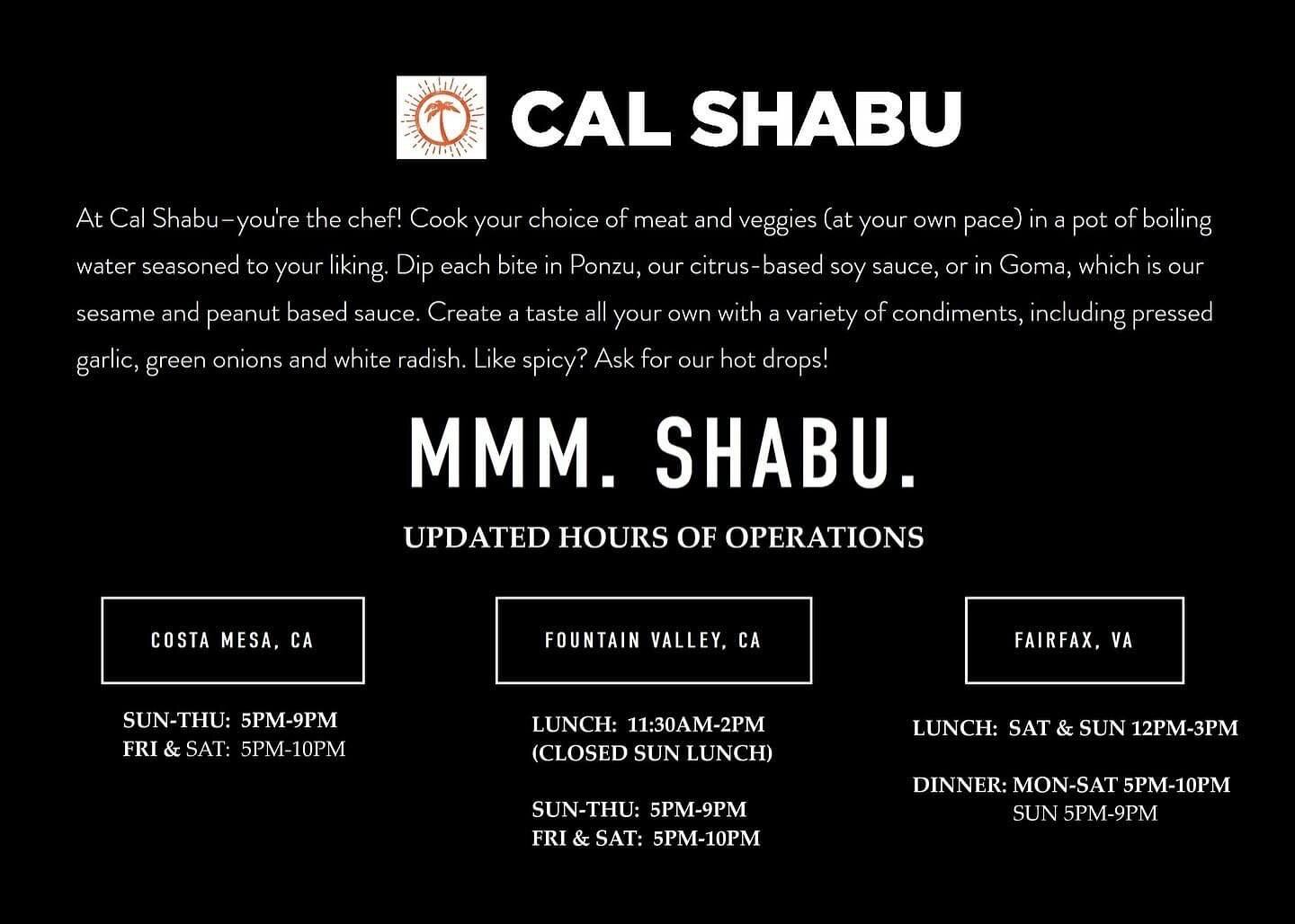 Happy Holidays from #CalShabu🎄Gift cards are available for purchase to take care of all the #shabuholics that you know and love!  Here are our updated hours of operations!  #shabushabu #happyholidays