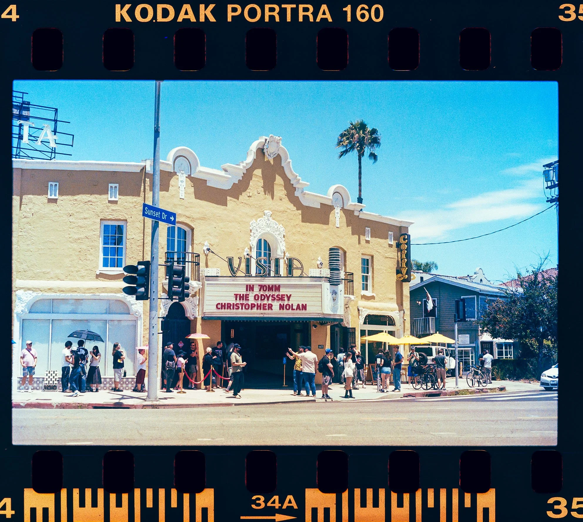 Landscape analog kodak portra 160 35mm photograph of the Vista Theater in Silver Lake, CA for opening day of Christopher Nolan's The Odyssey in 70mm