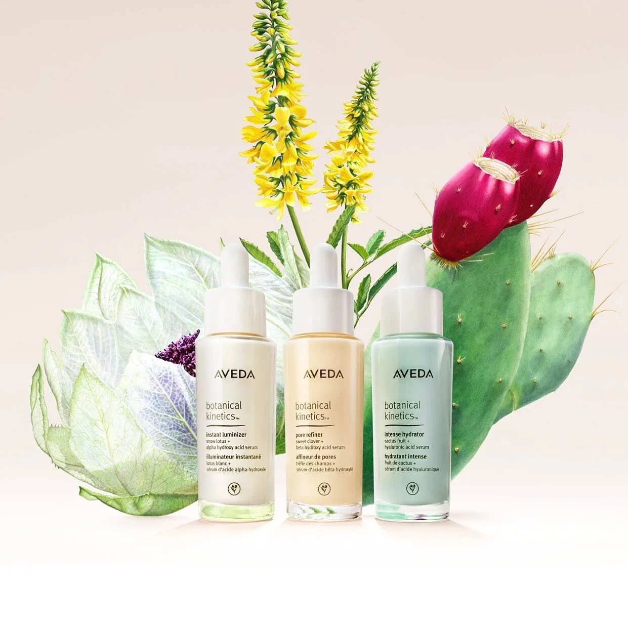 NEW! Botanical Kinetics Serums.  Discover 3 targeted skin care solutions: Intense Hydrator, Instant Luminizer and Pore Refiner. Powerful plant-derived acids and 10,000 plant stem cells in every bottle! #aveda #skincare #spa #facial #selfcare #skincar