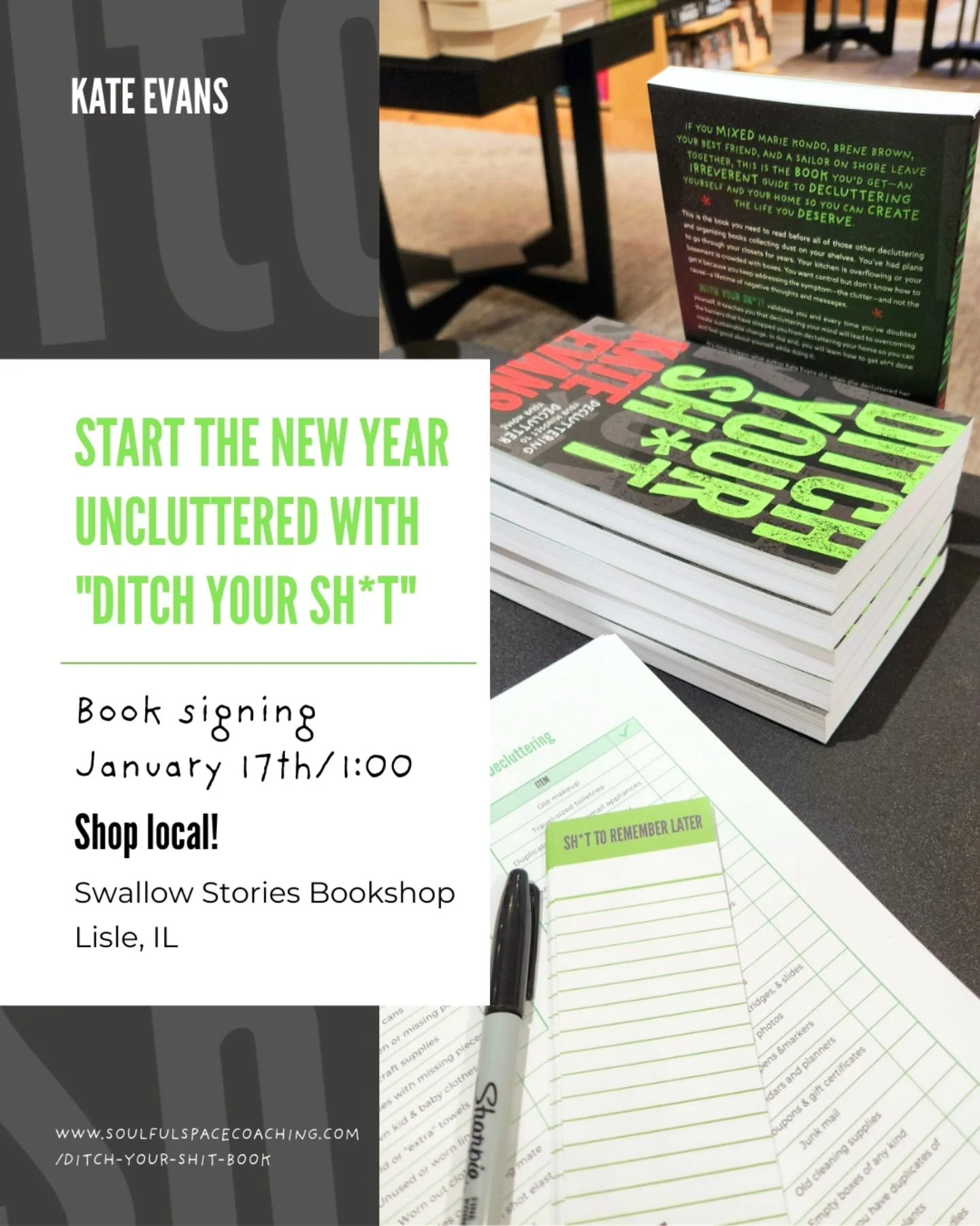 Get 2026 off to an uncluttered start and follow through on those promises you've been making to yourself to finally get the house organized!!

𝗕𝗼𝗼𝗸 𝘀𝗶𝗴𝗻𝗶𝗻𝗴 𝗮𝗻𝗱 𝗺𝗲𝗲𝘁 𝗮𝗻𝗱 𝗴𝗿𝗲𝗲𝘁 𝘄𝗶𝘁𝗵 𝗞𝗮𝘁𝗲 𝗘𝘃𝗮𝗻𝘀, 𝗮𝘂𝘁𝗵𝗼𝗿 𝗼𝗳 ?