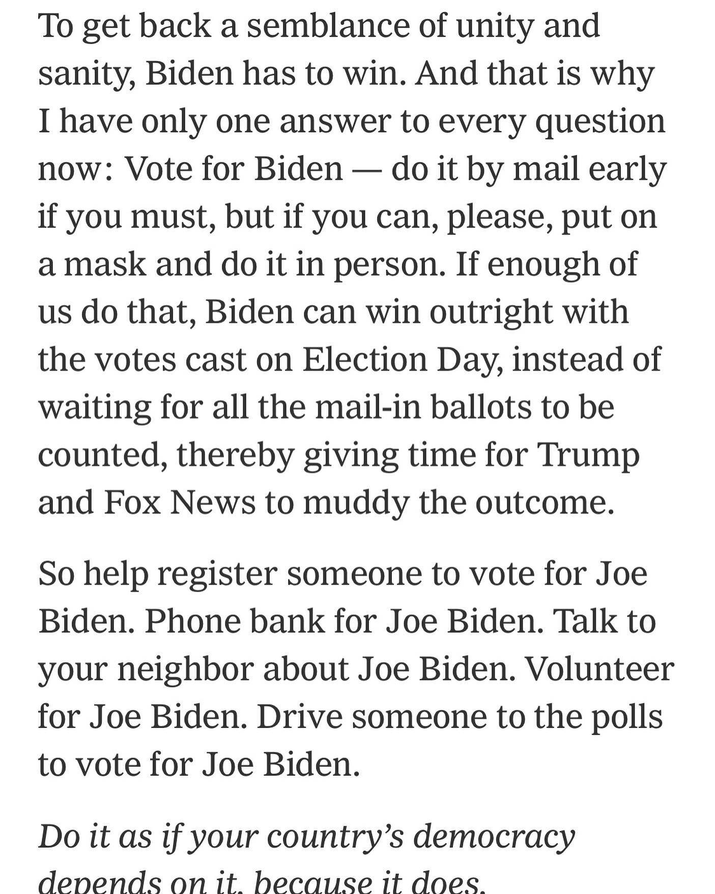 &ldquo;Vote in person if you can do so safely. &ldquo;Trump Sent A Warning.  Let&rsquo;s Take IT Seriously.&rdquo; Op-ed piece by Thomas L. Friedman in the @nytimes tonight within minutes of the end of the debate.  I agree with Mr. Friedman that as m