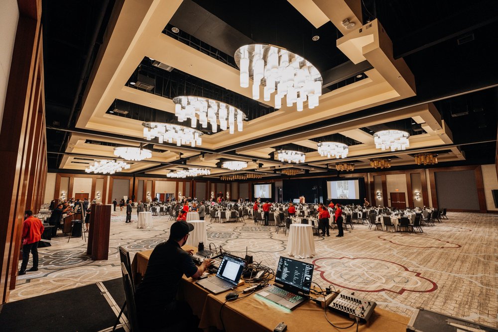 OneAway production desk at the back of a large awards ballroom