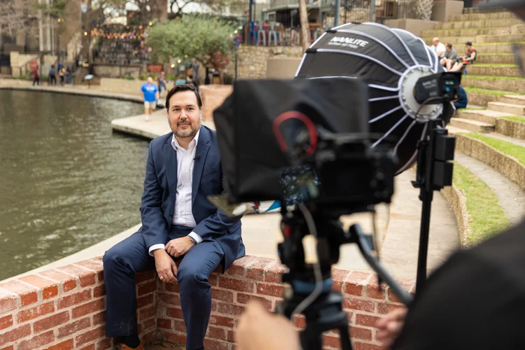 OneAway camera and lighting setup for an outdoor interview