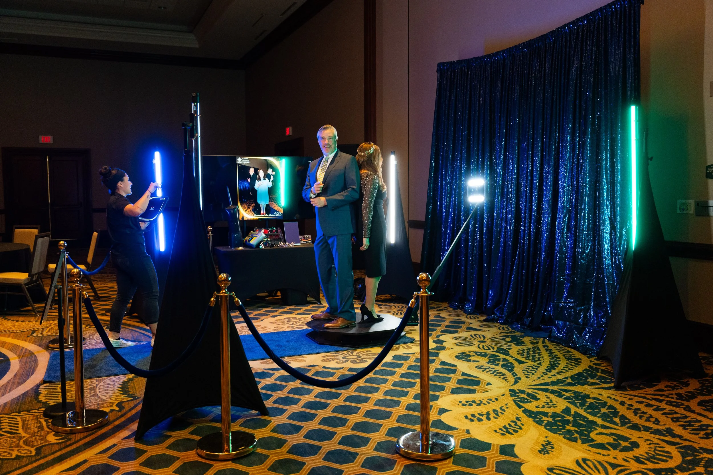 Collage of 360 Video Booth setup. often called a 360 Photo Booth there a different setups show. Such as a red carpet style with a gold sequin backdrop. Pink Backdrop with a pink carpet. Purple Backdrop with a purple carpet and gold accents.