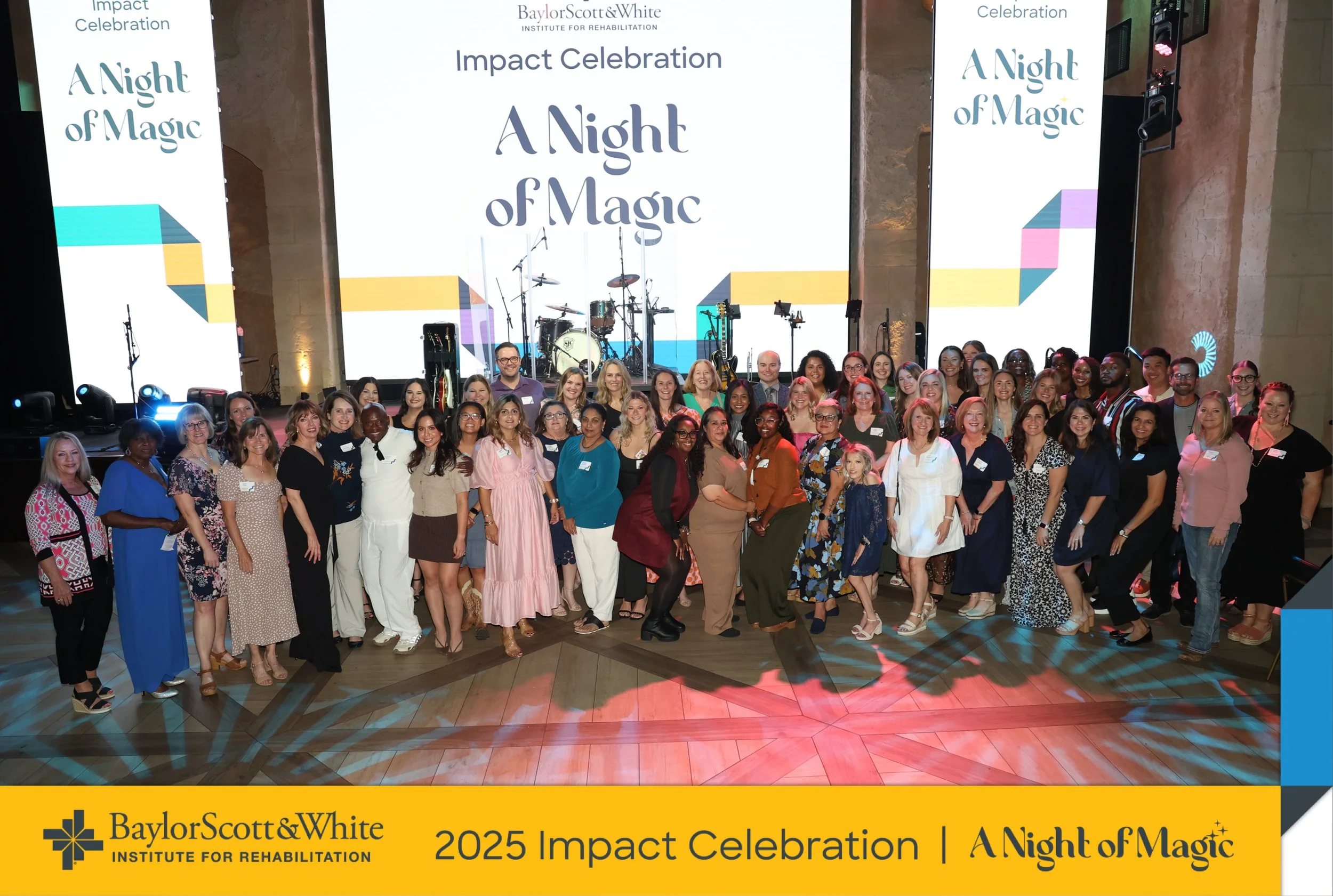 Group photo of Baylor Scott and White Institute for Rehabilitation team during the 2025 Impact Celebration event titled A Night of Magic.