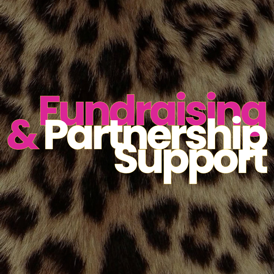Leopard print background with the words Fundraising & Partnership Support