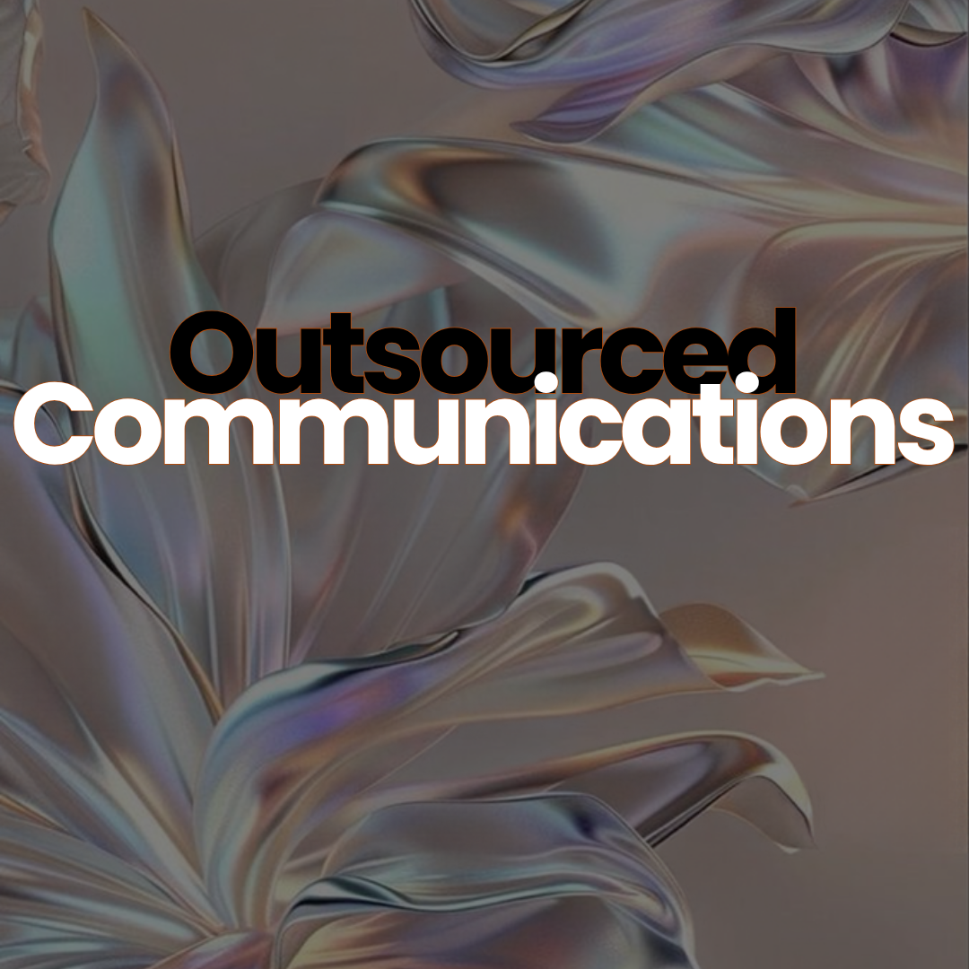 Silver metallic swirls with the words Outsourced Communications