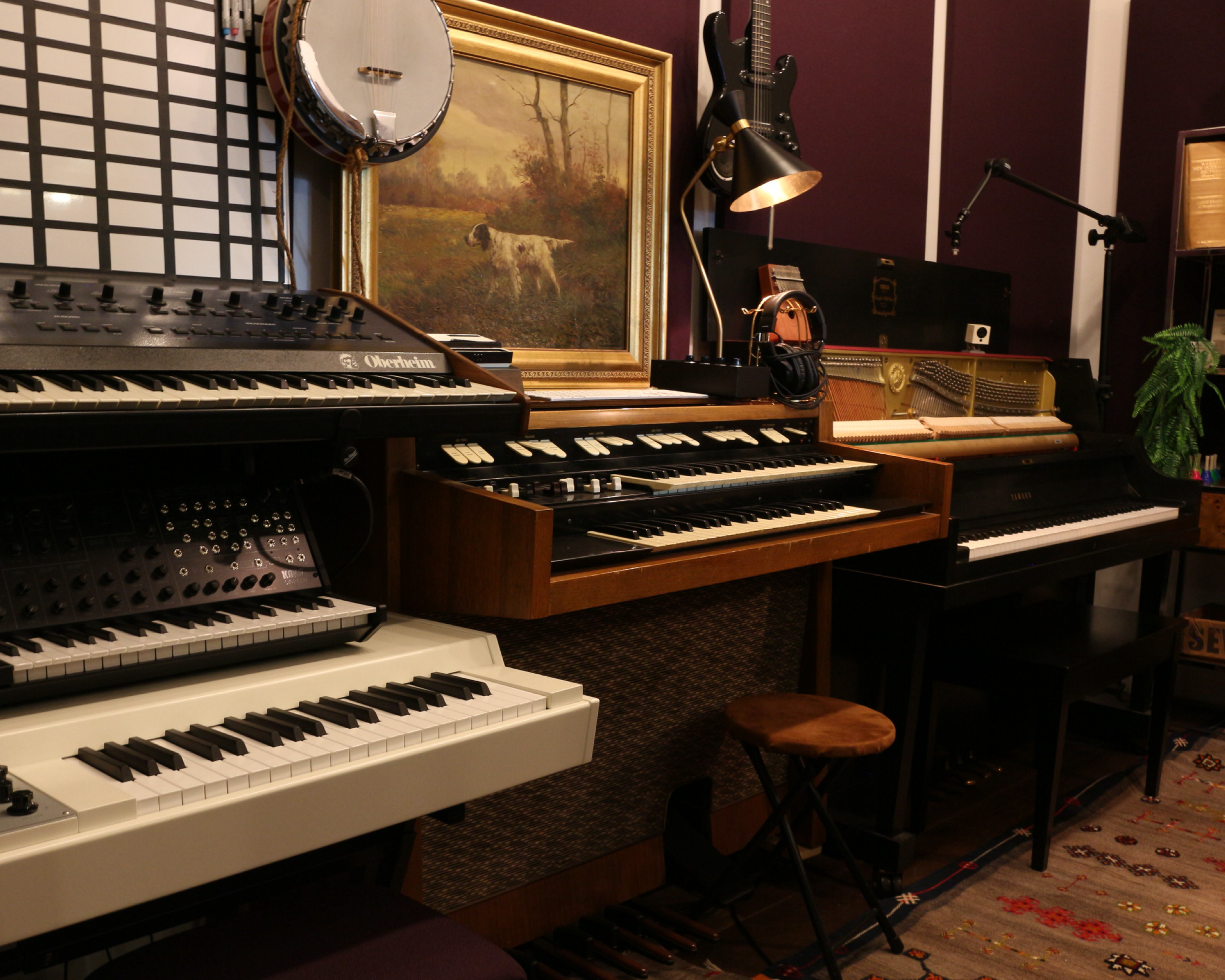Keyboards, synthesizers and vintage recording equipment inside the Analog in the Digital Los Angeles studio.