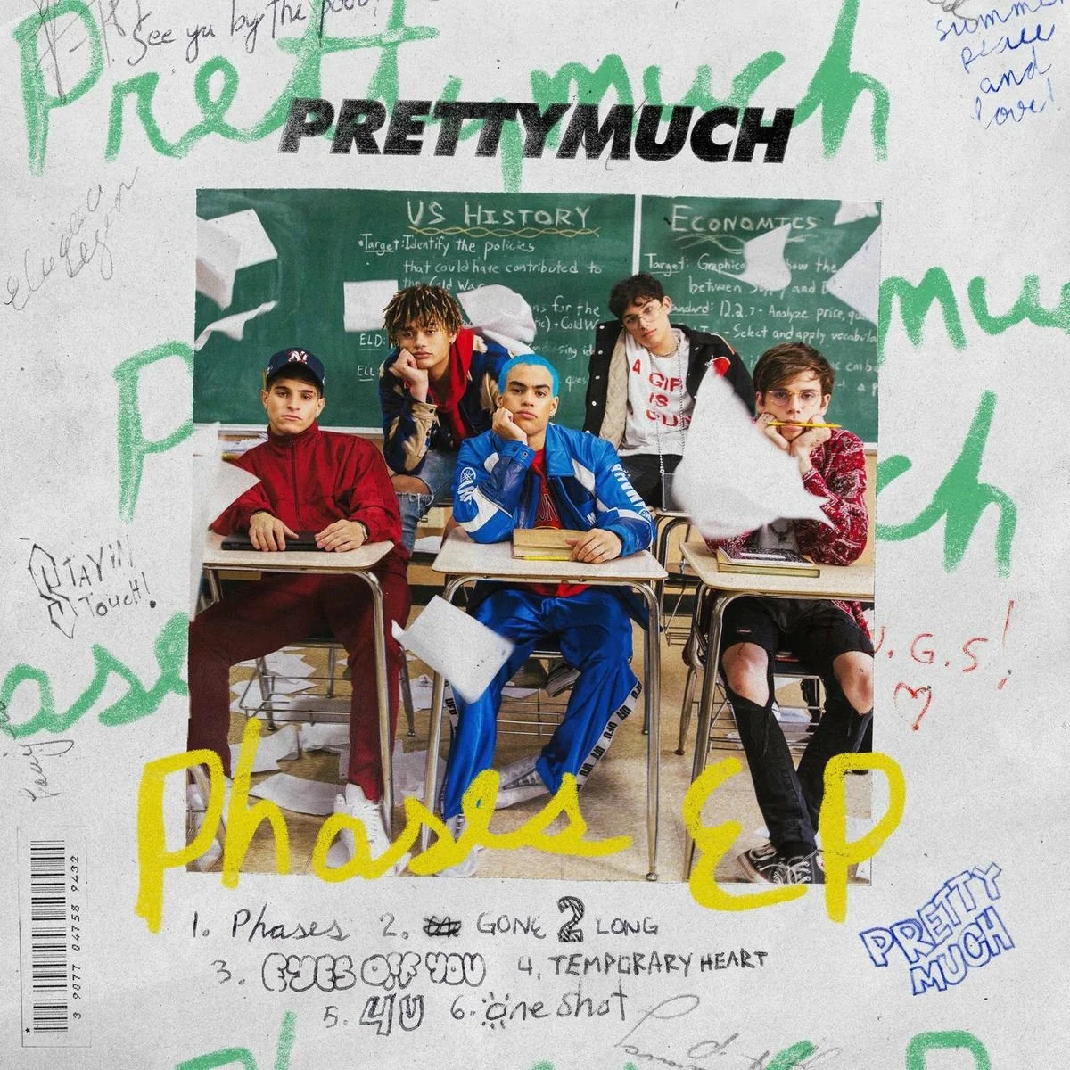 A group of five teenage boys sitting and standing in a classroom, with a green chalkboard behind them and colorful handwritten notes and doodles on the photo's border.