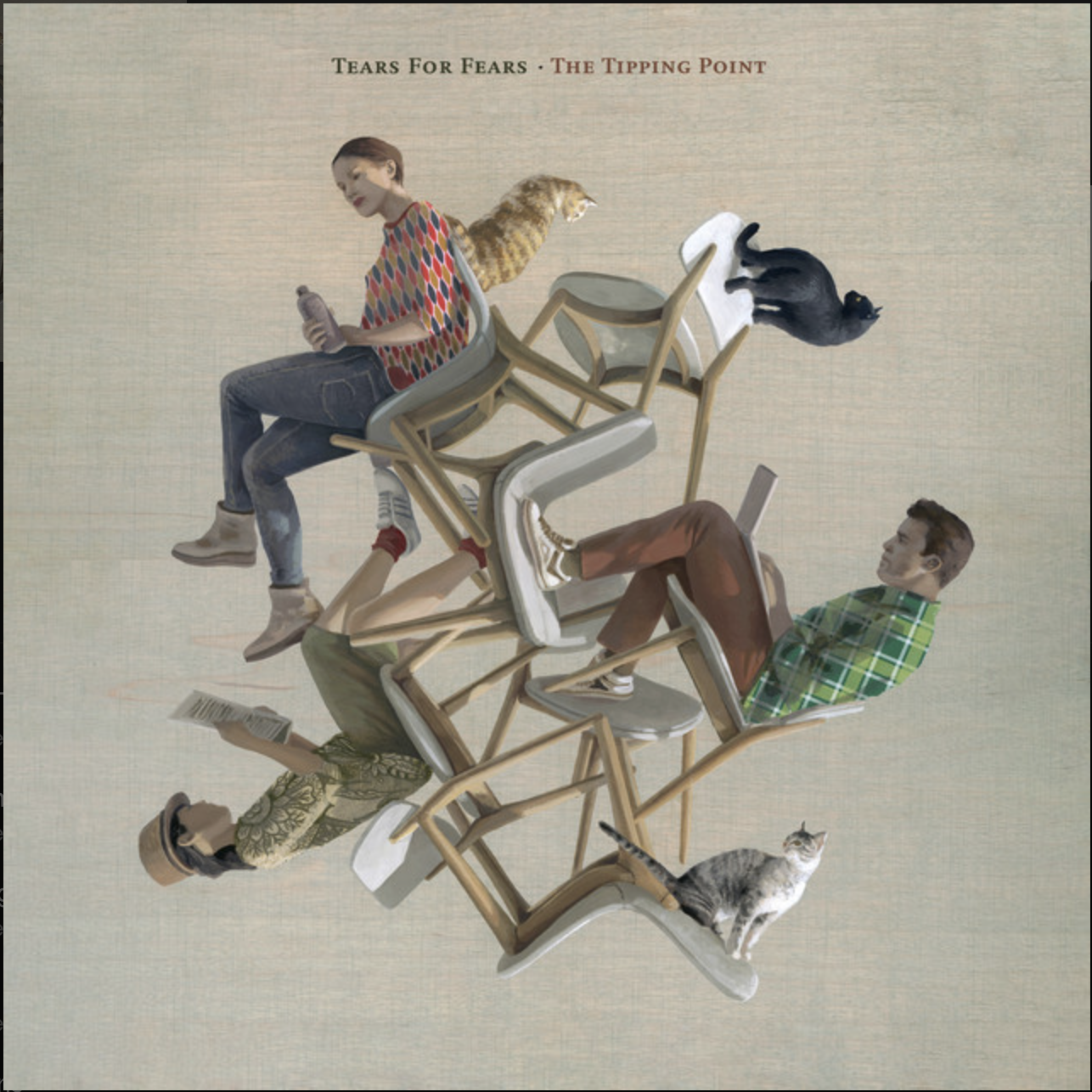 An artistic collage featuring floating chairs with people and animals, including a woman in a patterned sweater, a man in a plaid shirt, a person in a floral outfit, a cat, a dog, a duck, and a squirrel, against a muted background with text reading "Tears For Fears - The Tipping Point."