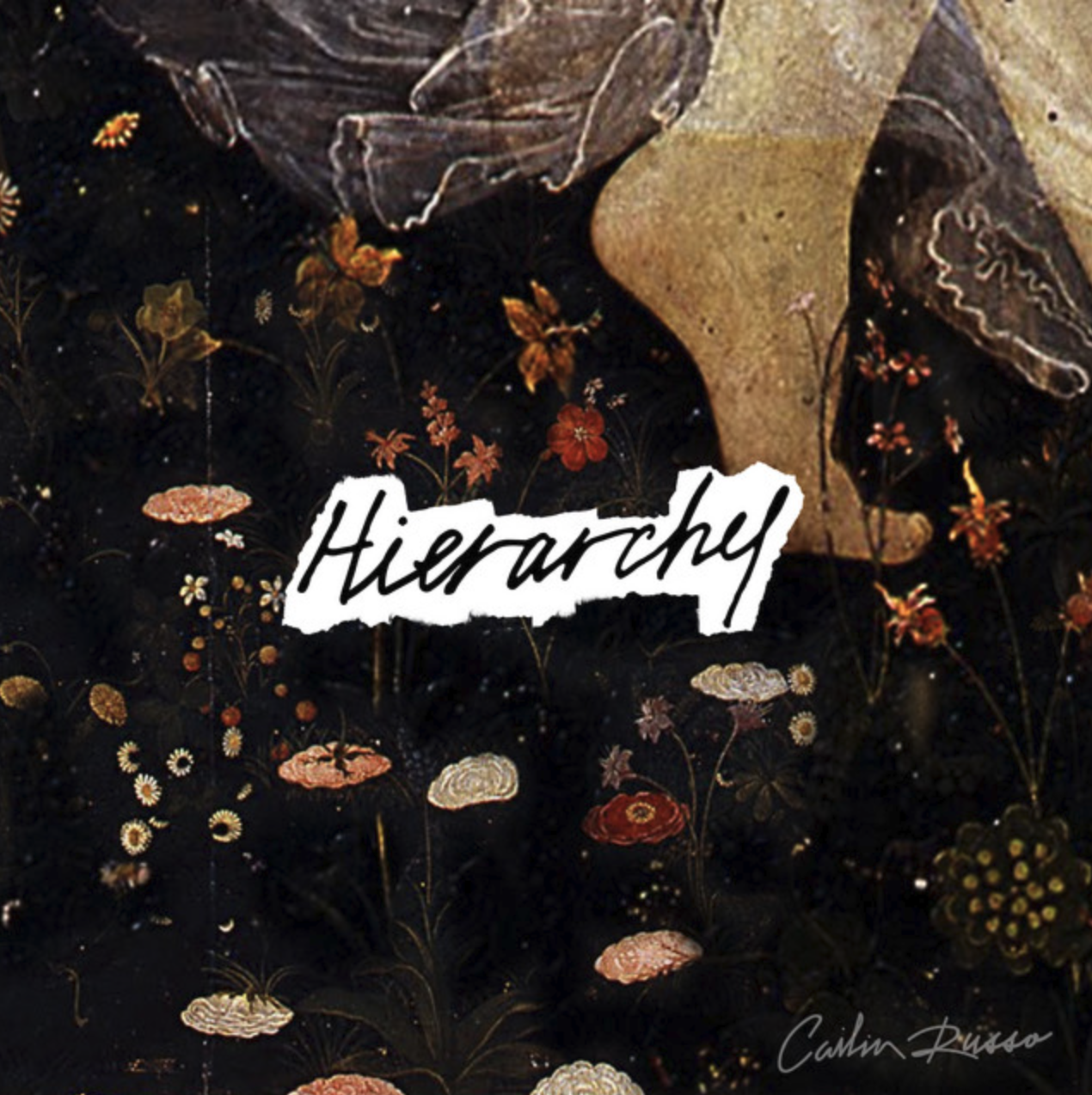 Artwork with stars, flowers, and a large rock, featuring the word 'Hierarchy' written in white on a torn paper background.