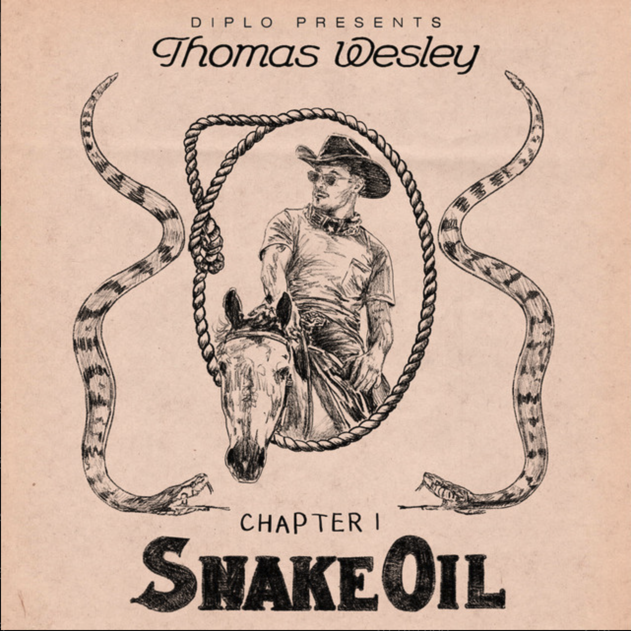 Book cover for 'Snake Oil' by Thomas Wesley, presented by Diplo. The cover features a sketch of a man in cowboy attire, including a hat, sitting on a horse, with a lasso in hand. Snake illustrations frame the image.