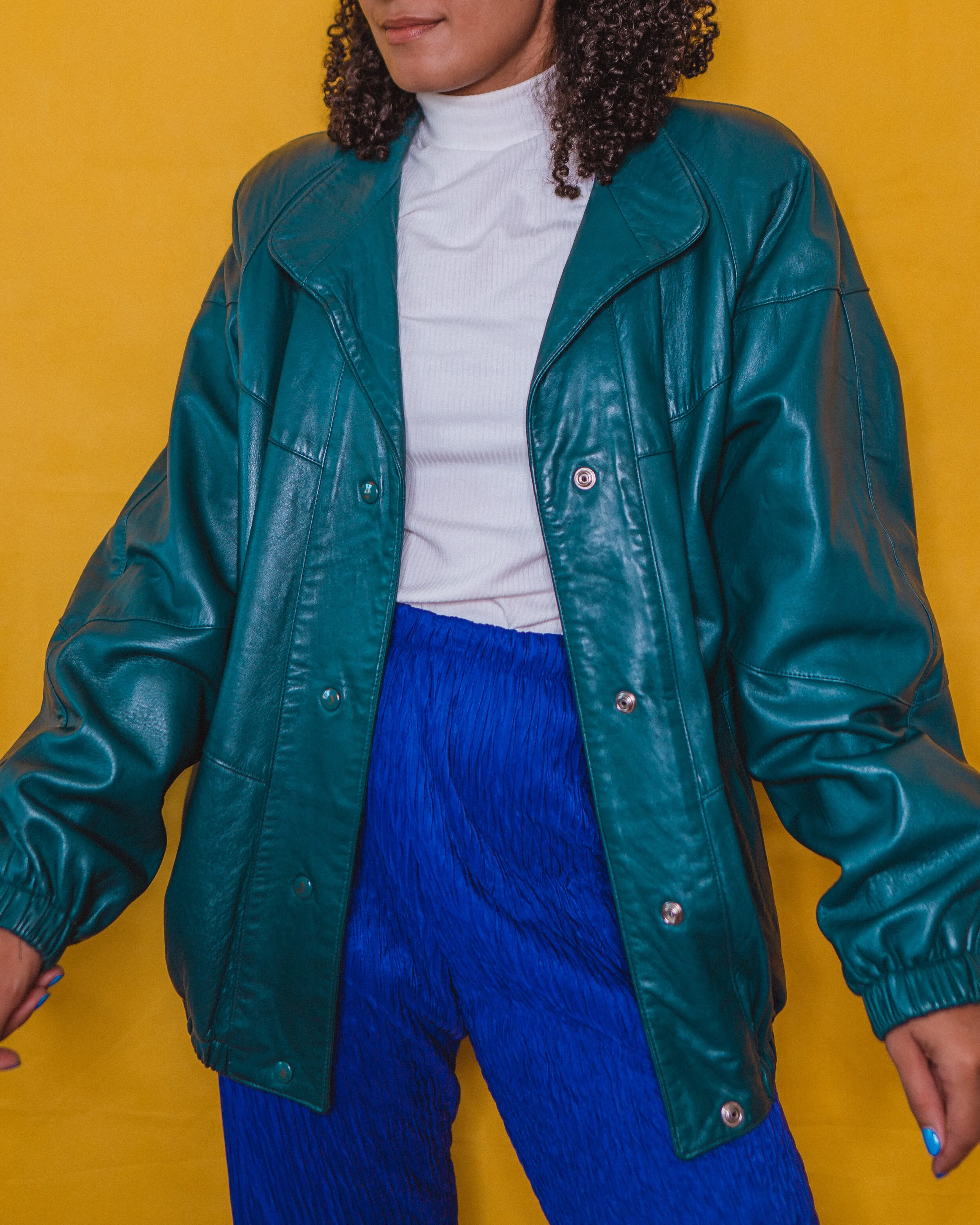 Blue Bby Bomber Leather Jacket