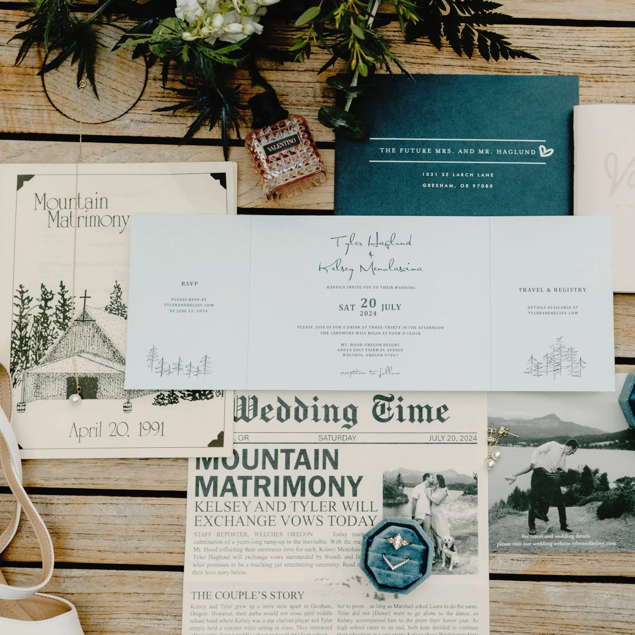 Brides have a beautiful vision, and we’re here to bring it to life. For one couple celebrating in the mountains, they wanted a hand-illustrated invite that captured the beauty of their surroundings. We worked closely with them, using colored paper to