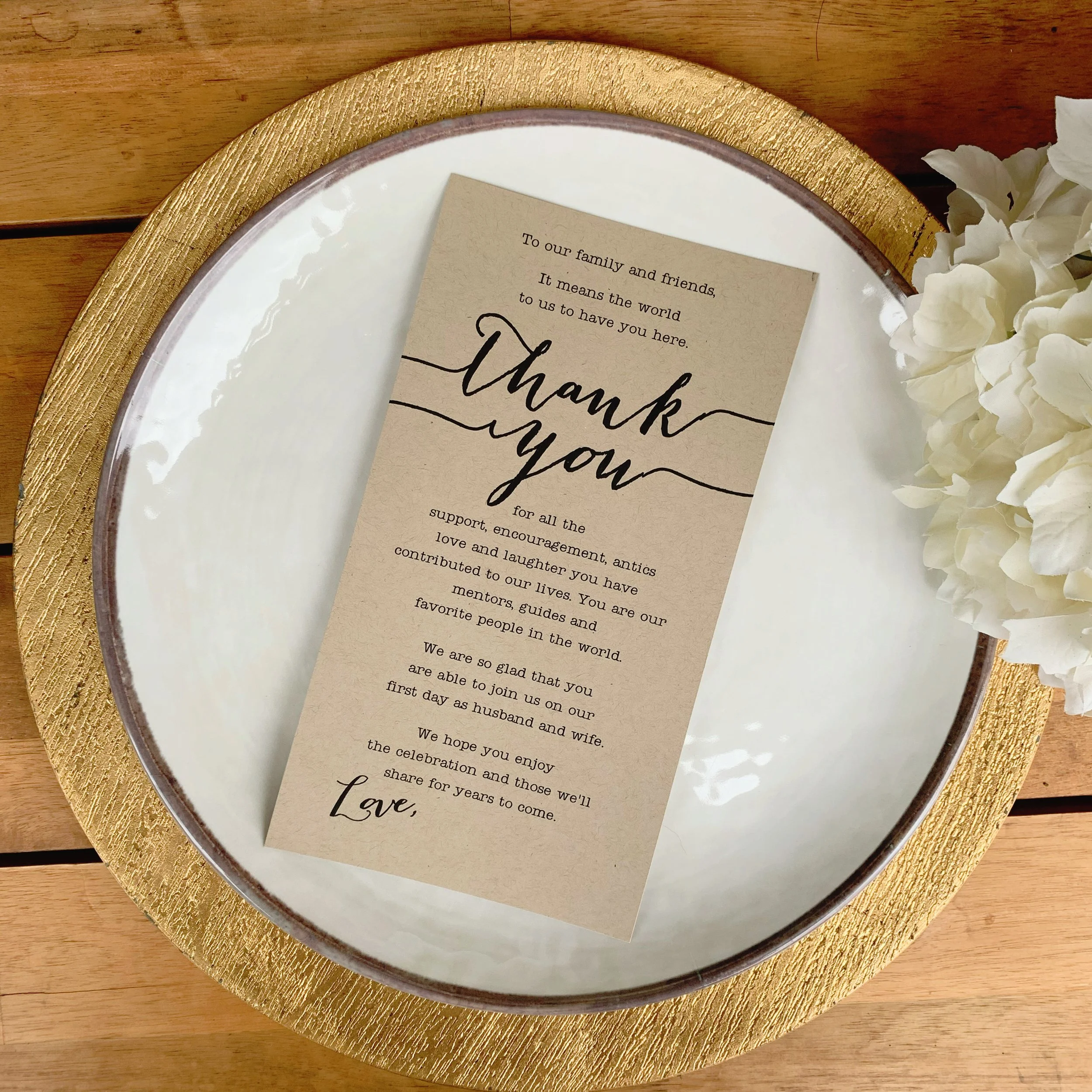 Giving thanks is a tradition that never goes out of style. A signed thank-you note at each place setting adds a special touch to any event. For one bride, we collaborated remotely to create a personalized thank-you for her reception, printed on thick