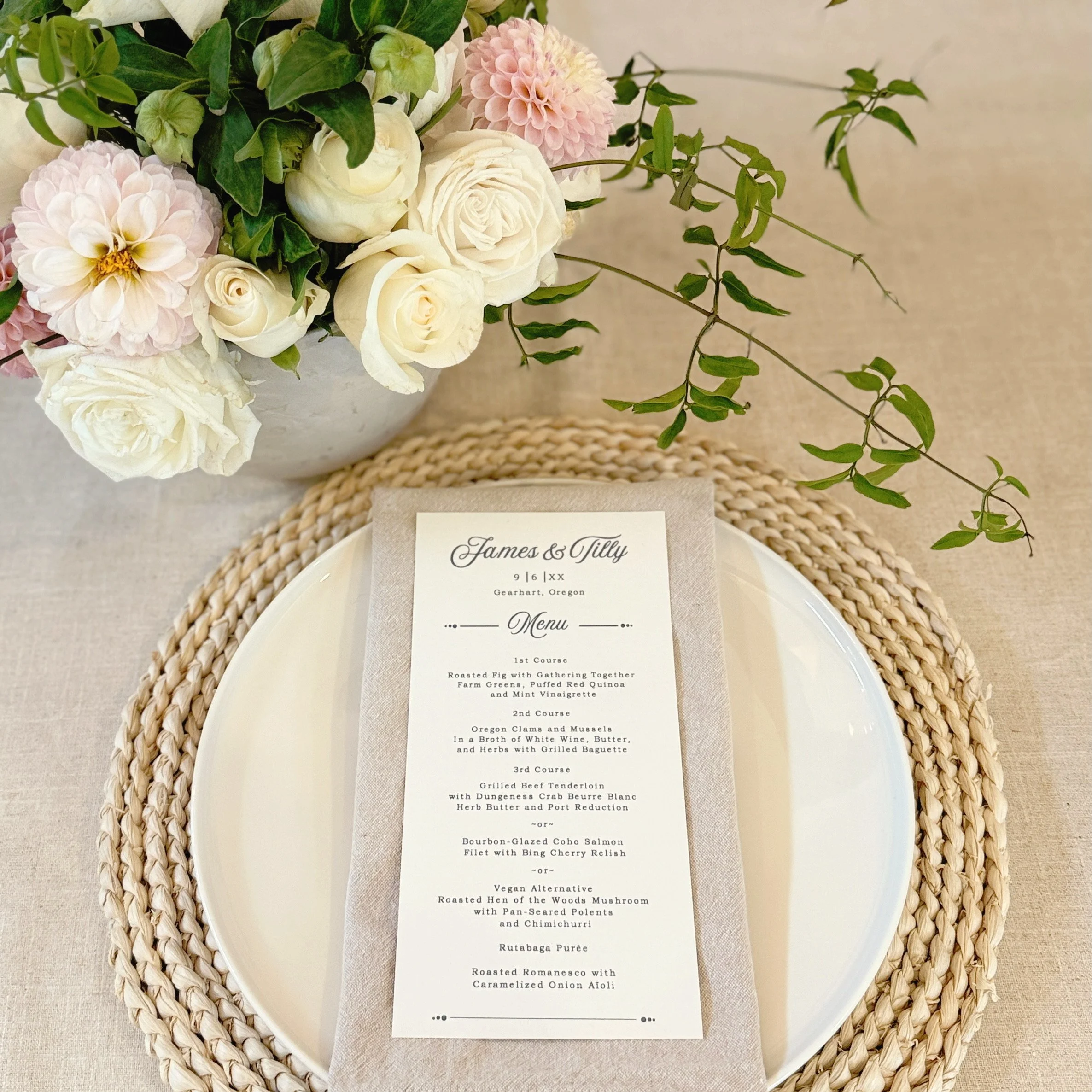 Menus can tie in with the wedding colors and make the tablescape pop!  We love to help you coordinate the fonts, color and style to elevate and get the guests excited for the celebration. 
