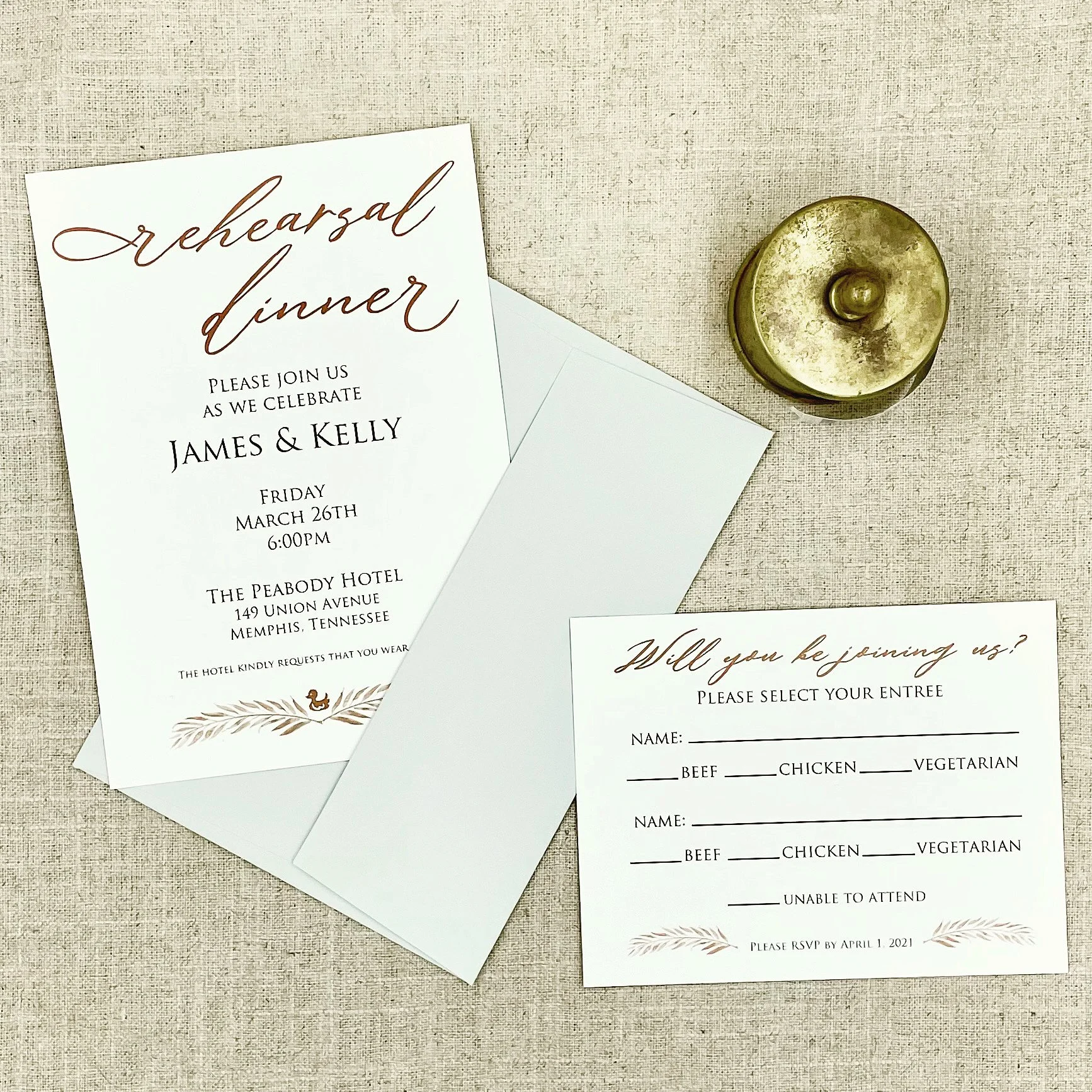 The groom's parents were hosting a rehearsal dinner at The Peabody in Memphis and asked us to create custom invitations with matching RSVP cards. We added a subtle nod to the hotel’s famous duck tradition for a personal touch. The RSVP cards also hel