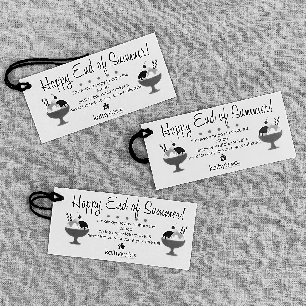 Unique marketing strategies for real estate agents make a difference in maintaining a customer base.  Dropping a reminder that you are available each season with a little gift is a great way to get their attention.  This project was a themed tag with