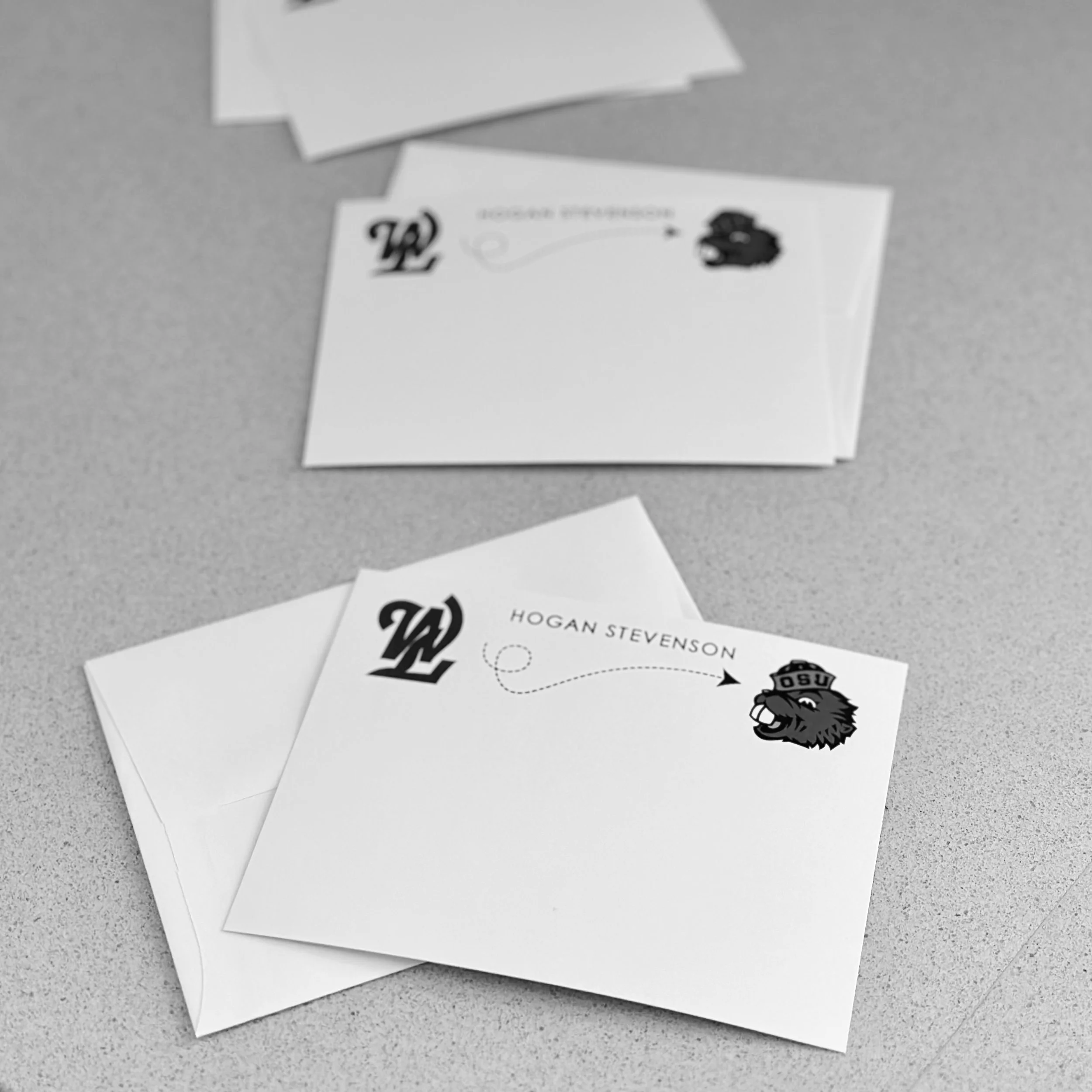 
We love when a customer shares a unique idea! A mom asked us to create personalized note cards for her son with his high school logo and an arrow pointing to his next adventure. Graduation often means thank-you notes, but these personal cards make i