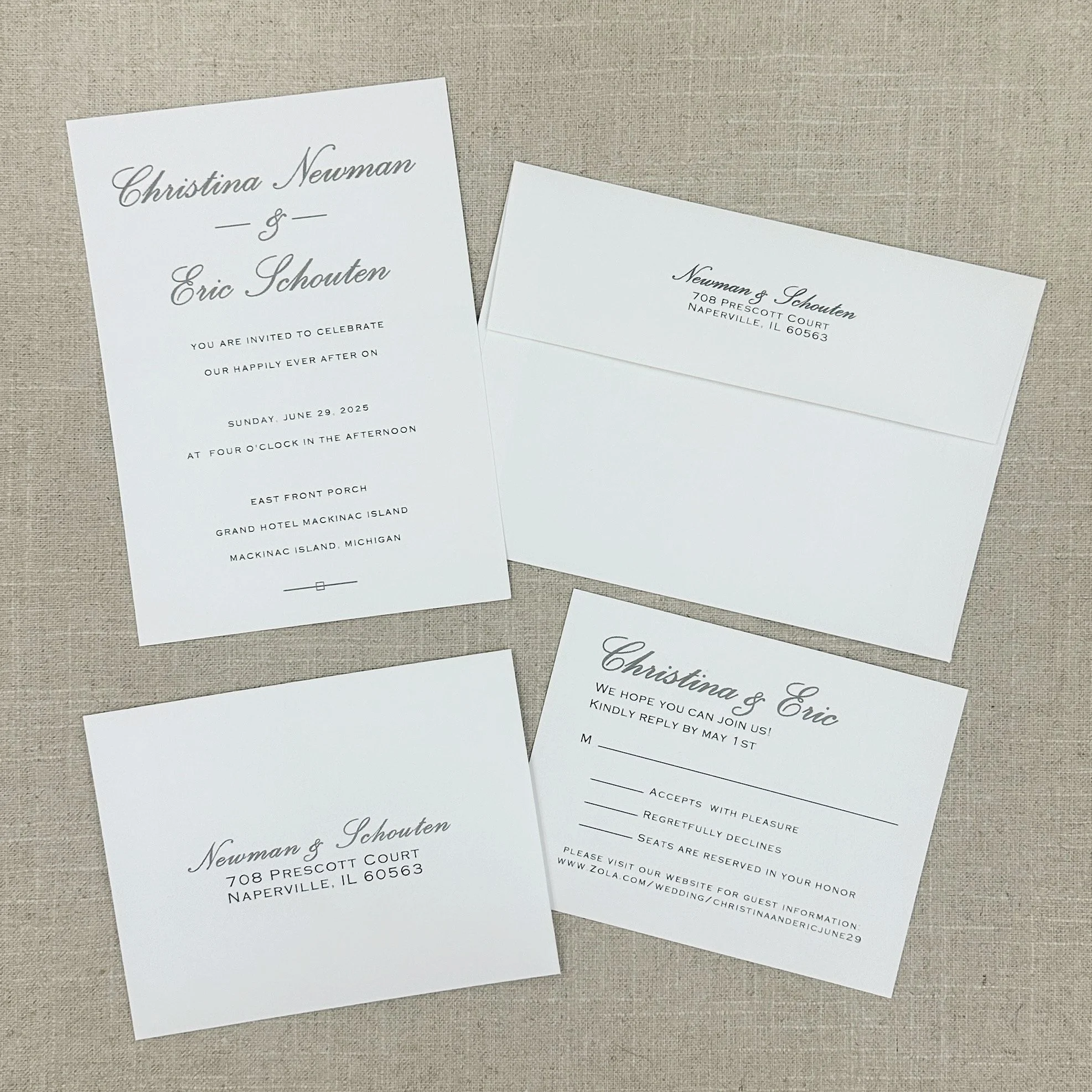 This couple, getting married in their 50s, wanted to host a warm family gathering at a beautiful historic venue on the east front porch of the Grand Hotel Mackinac Island in Michigan. The invitation was designed to be elegant, using their wedding col