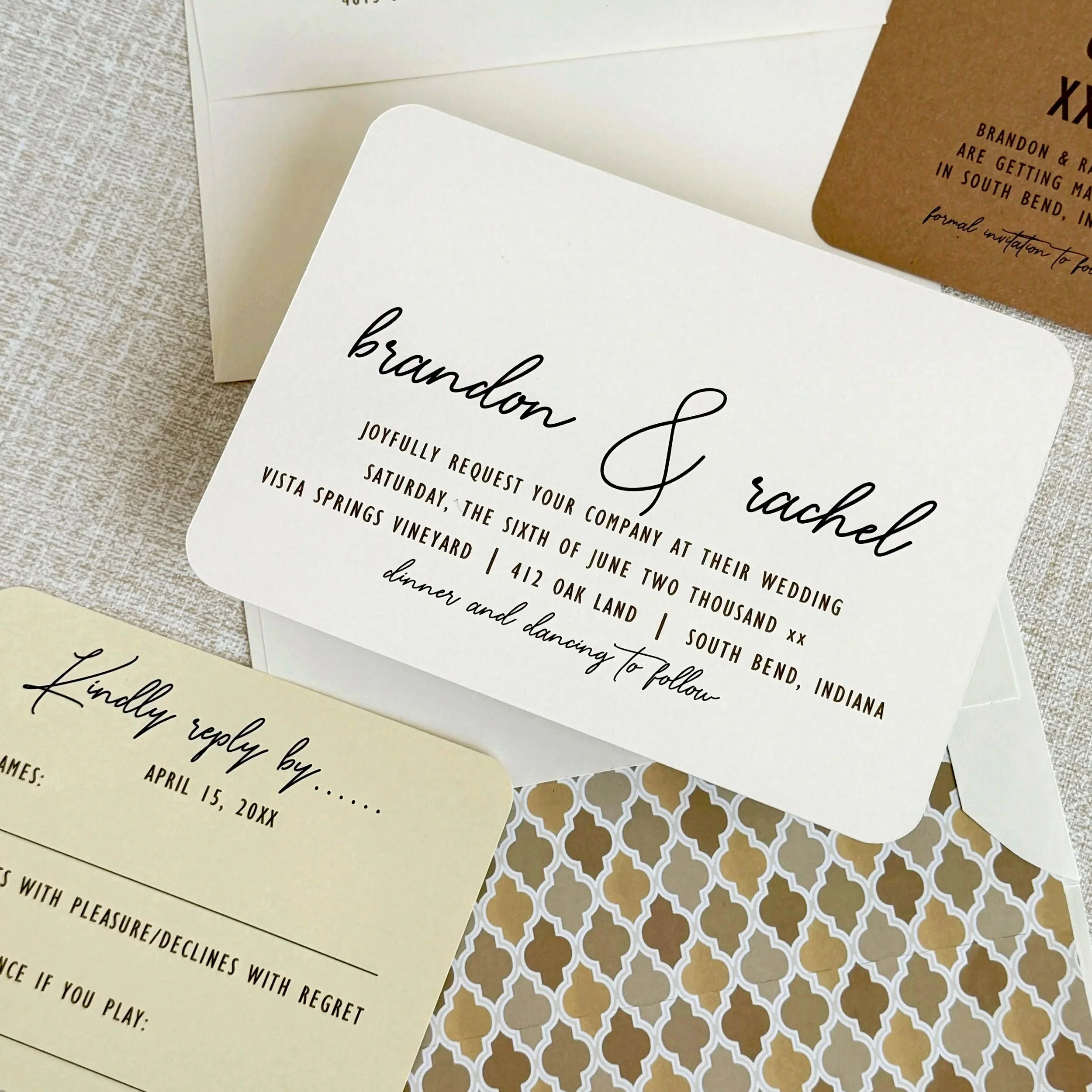 Soft rounded corners bring a modern touch to a traditional invitation. Unexpected fonts add personality and make the couple’s names shine.