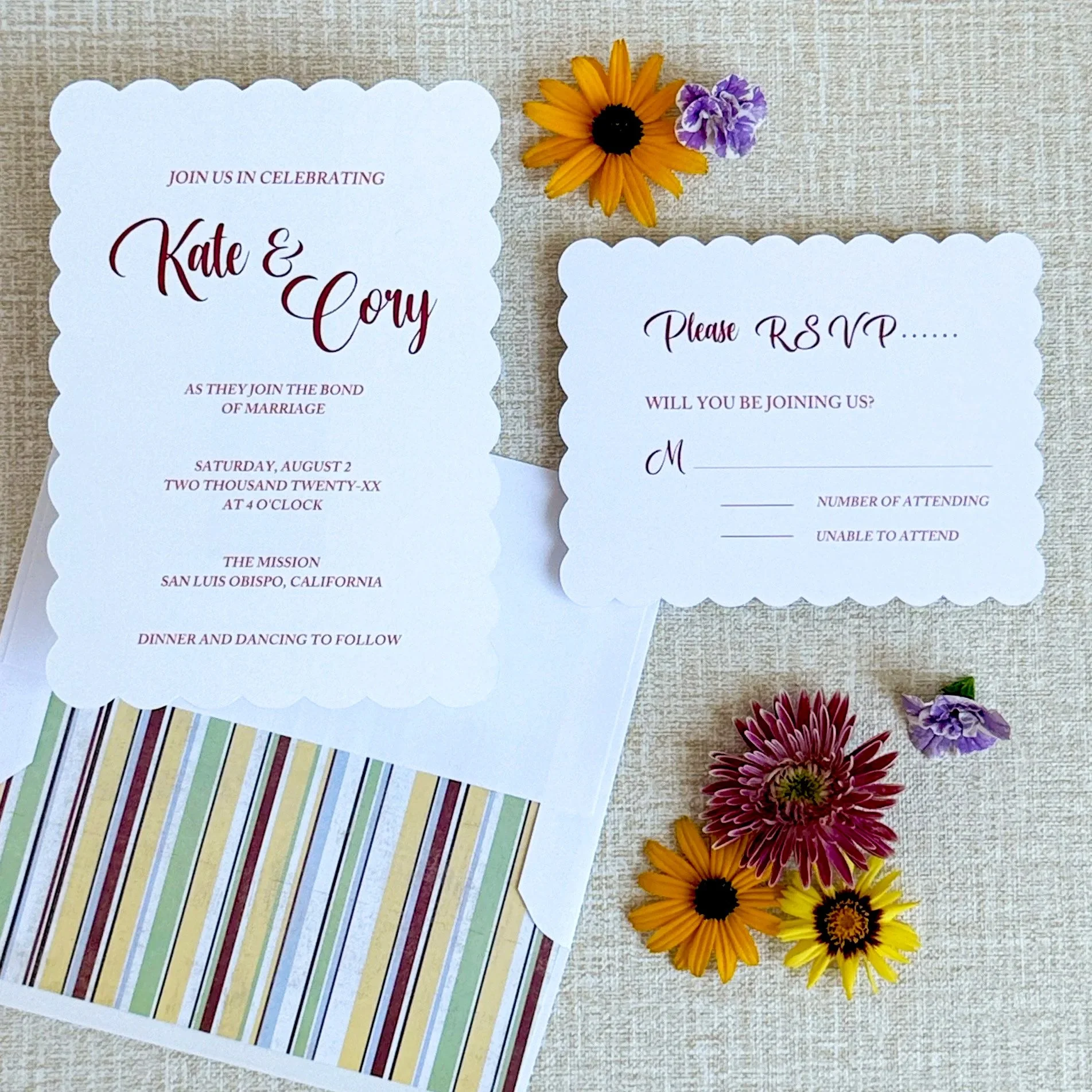 We designed a custom scalloped invitation with a coordinating RSVP card for this wedding. The perfect font came together easily after exploring styles that complemented the overall design.