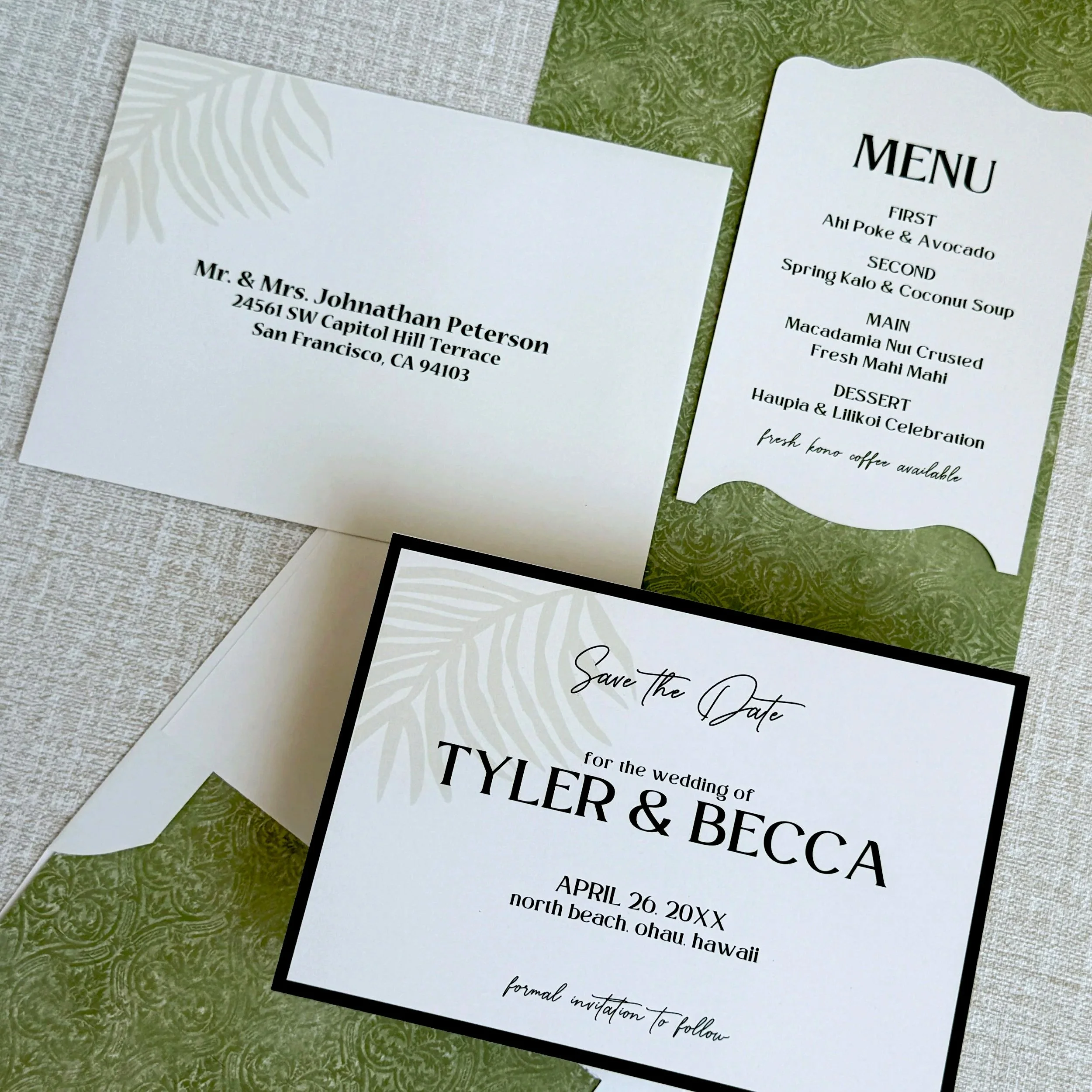 Destination weddings are a celebration and a vacation for your guests, so why not set the tone with a classically inspired invitation? We carried the look through to the menu for a cohesive, thoughtful touch.
