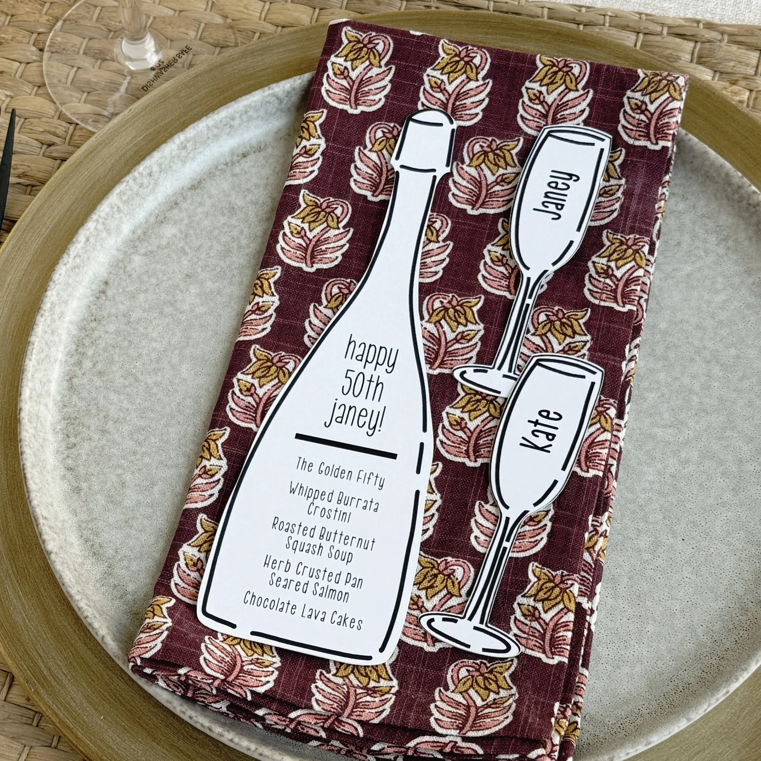 Happy important birthday! This project gave us the chance to custom illustrate a bottle and coordinating glasses, then turn them into custom cut menus and place cards. A highly stylized look for someone truly special!